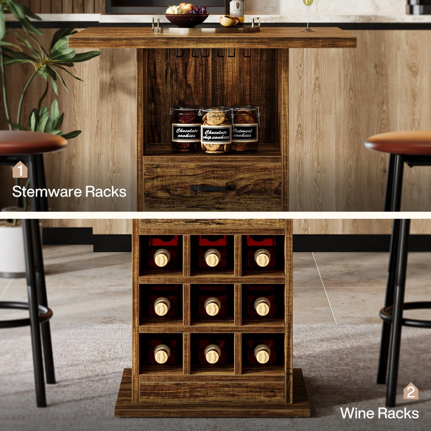 Home Bar Unit, Square Liquor Bar Cabinet with Storage Drawer and Wine Rack