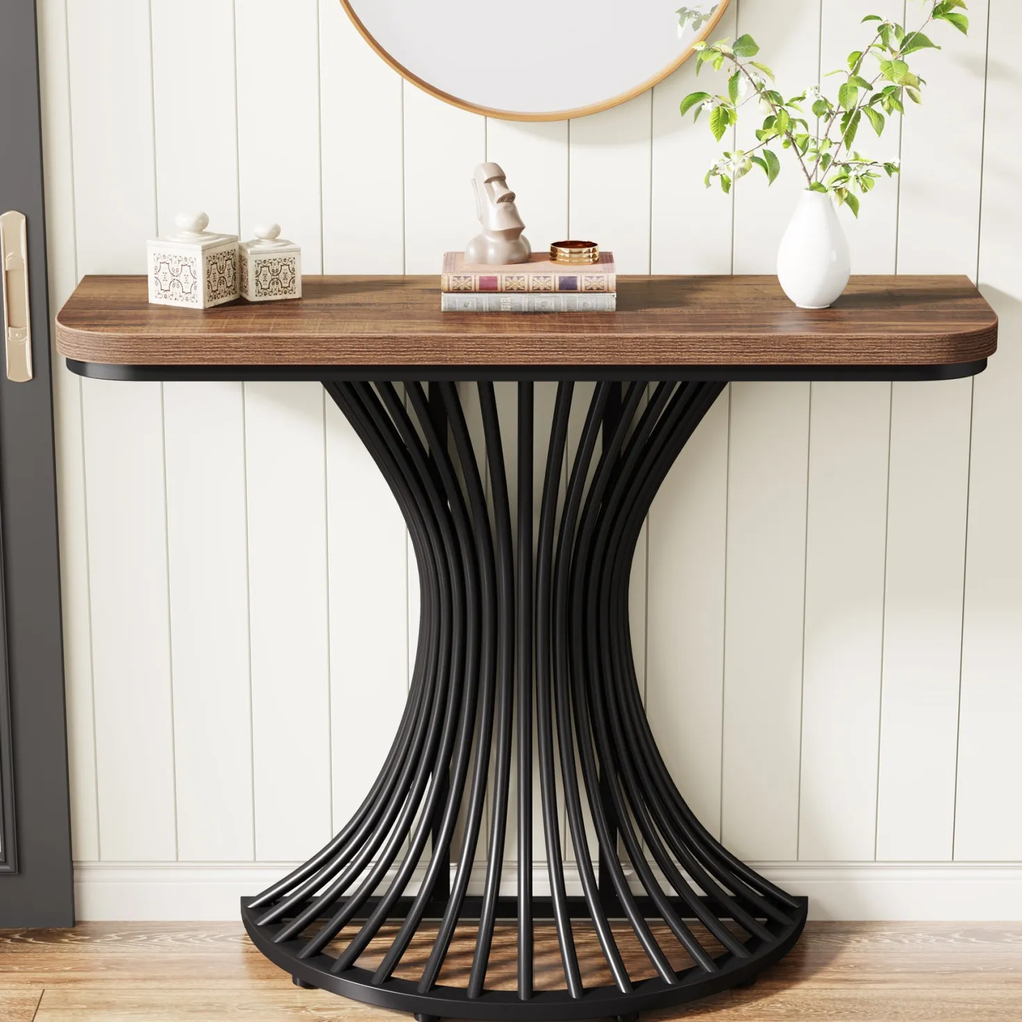 39-Inch Console Table, Accent Sofa Table with Geometric Metal Base