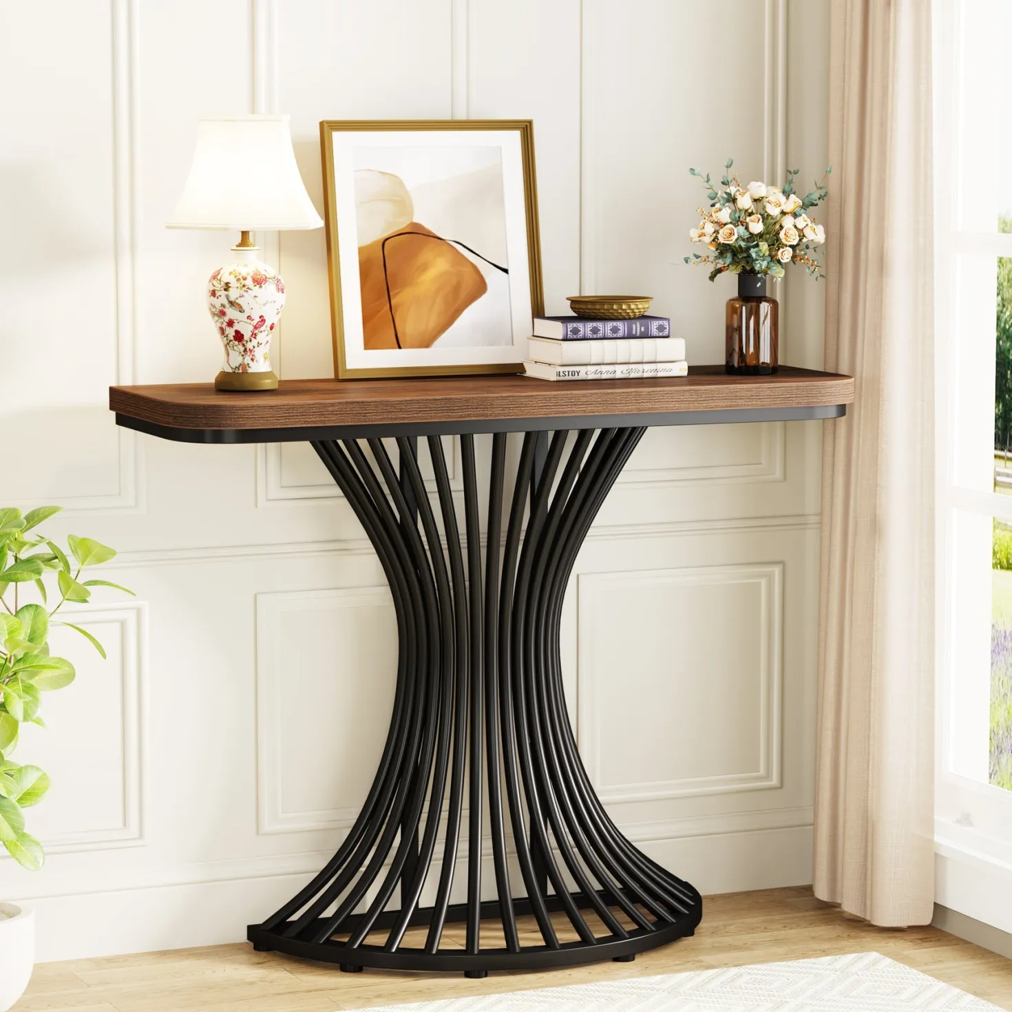 39-Inch Console Table, Accent Sofa Table with Geometric Metal Base