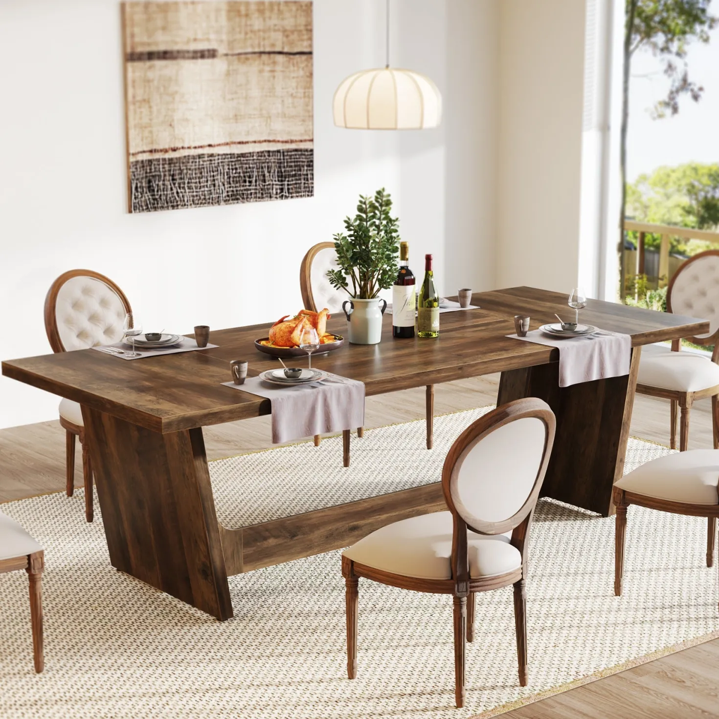 70.8-Inch Dining Table, Wood Farmhouse Kitchen Table for 4-6