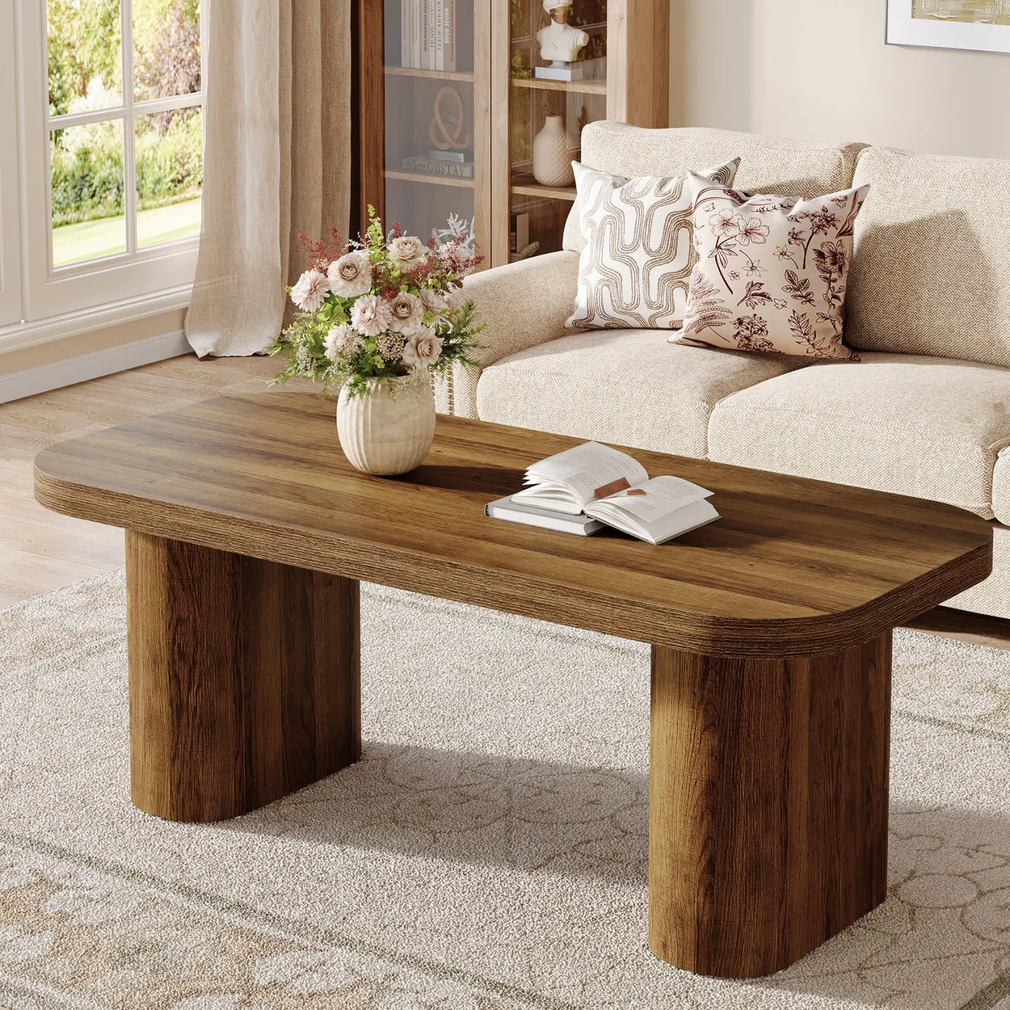 47-Inch Farmhouse Coffee Table, Rectangular Center Table with Rounded Corners and Sturdy Base
