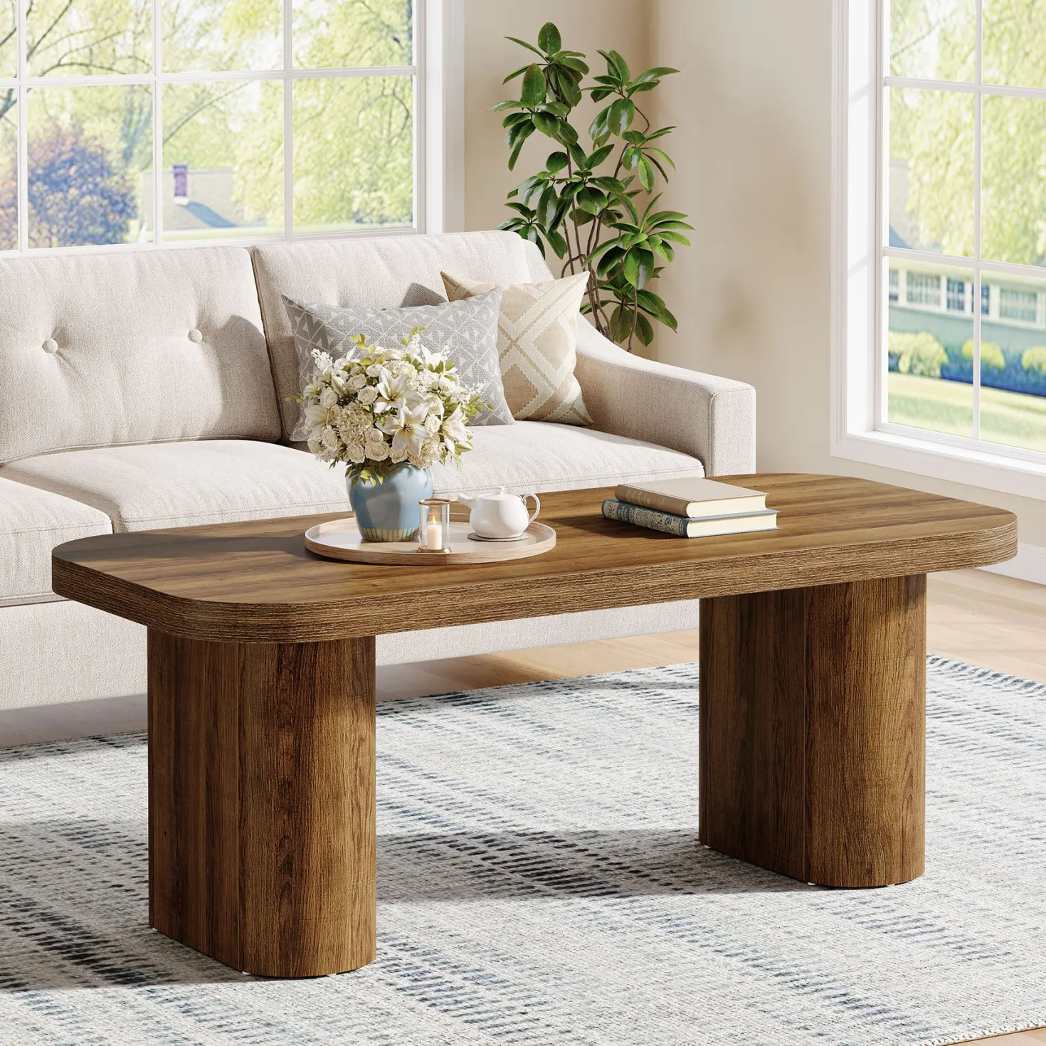 47-Inch Farmhouse Coffee Table, Rectangular Center Table with Rounded Corners and Sturdy Base