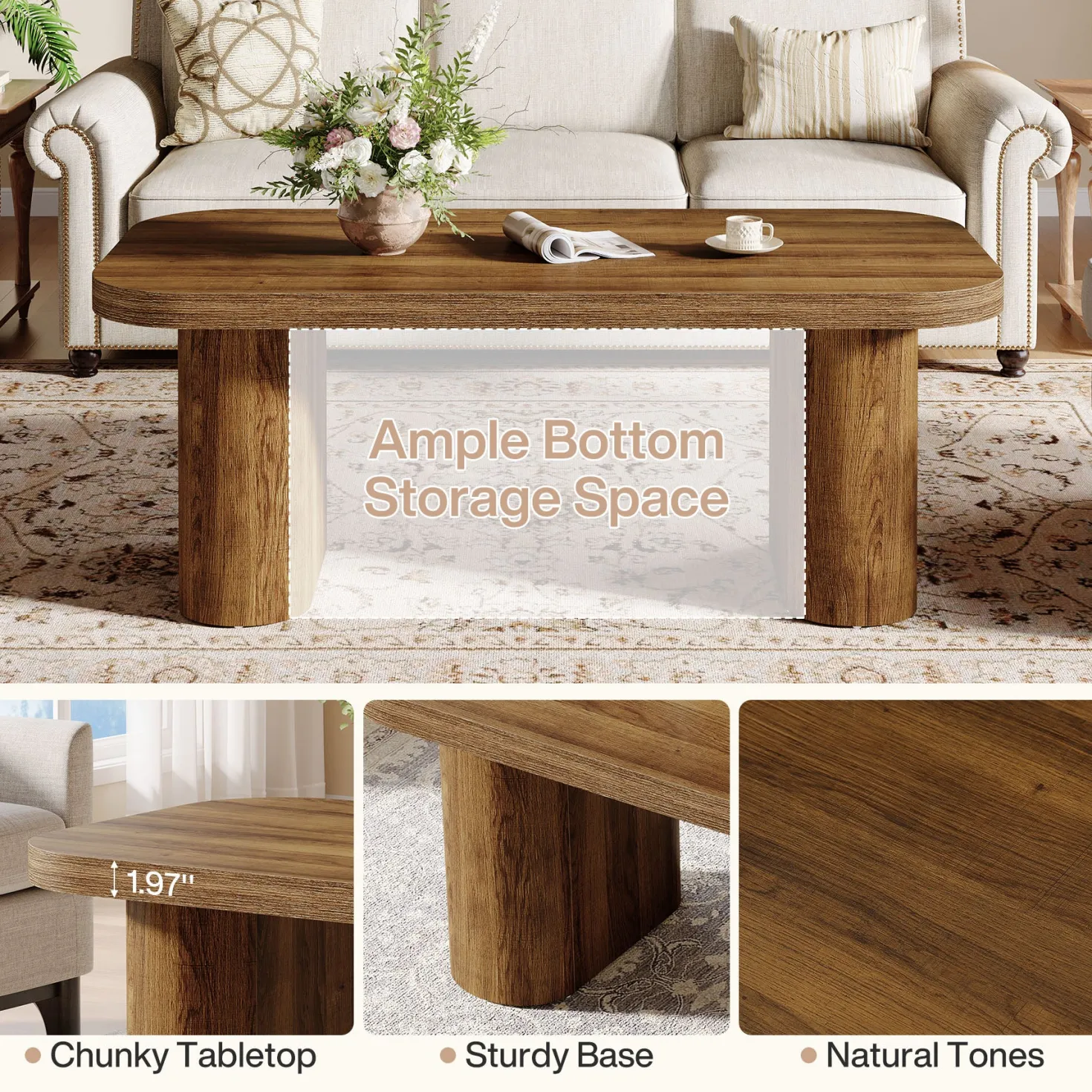 47-Inch Farmhouse Coffee Table, Rectangular Center Table with Rounded Corners and Sturdy Base