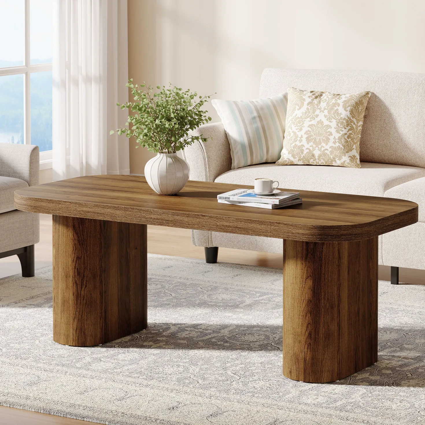 47-Inch Farmhouse Coffee Table, Rectangular Center Table with Rounded Corners and Sturdy Base