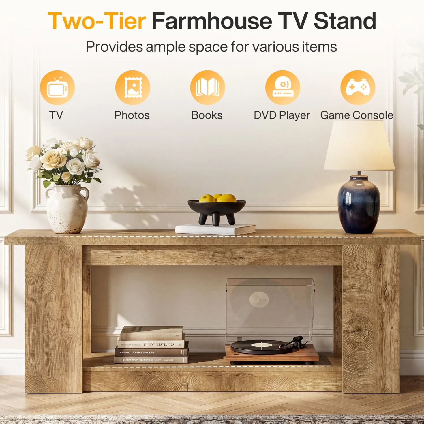 63-Inch Farmhouse TV Stand for TVs up to 70 Inches, Rustic Media Console with 2-Tier Open Storage