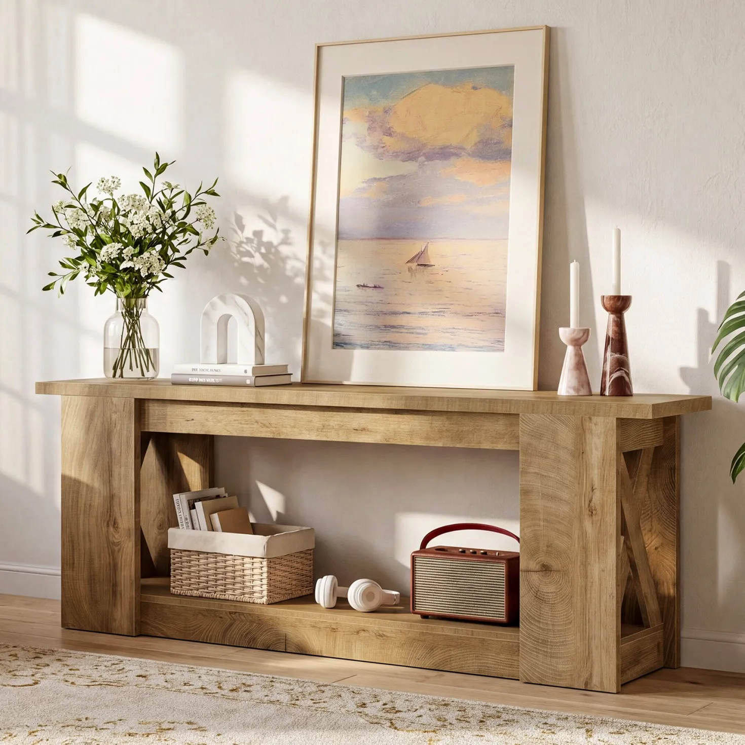 63-Inch Farmhouse TV Stand for TVs up to 70 Inches, Rustic Media Console with 2-Tier Open Storage