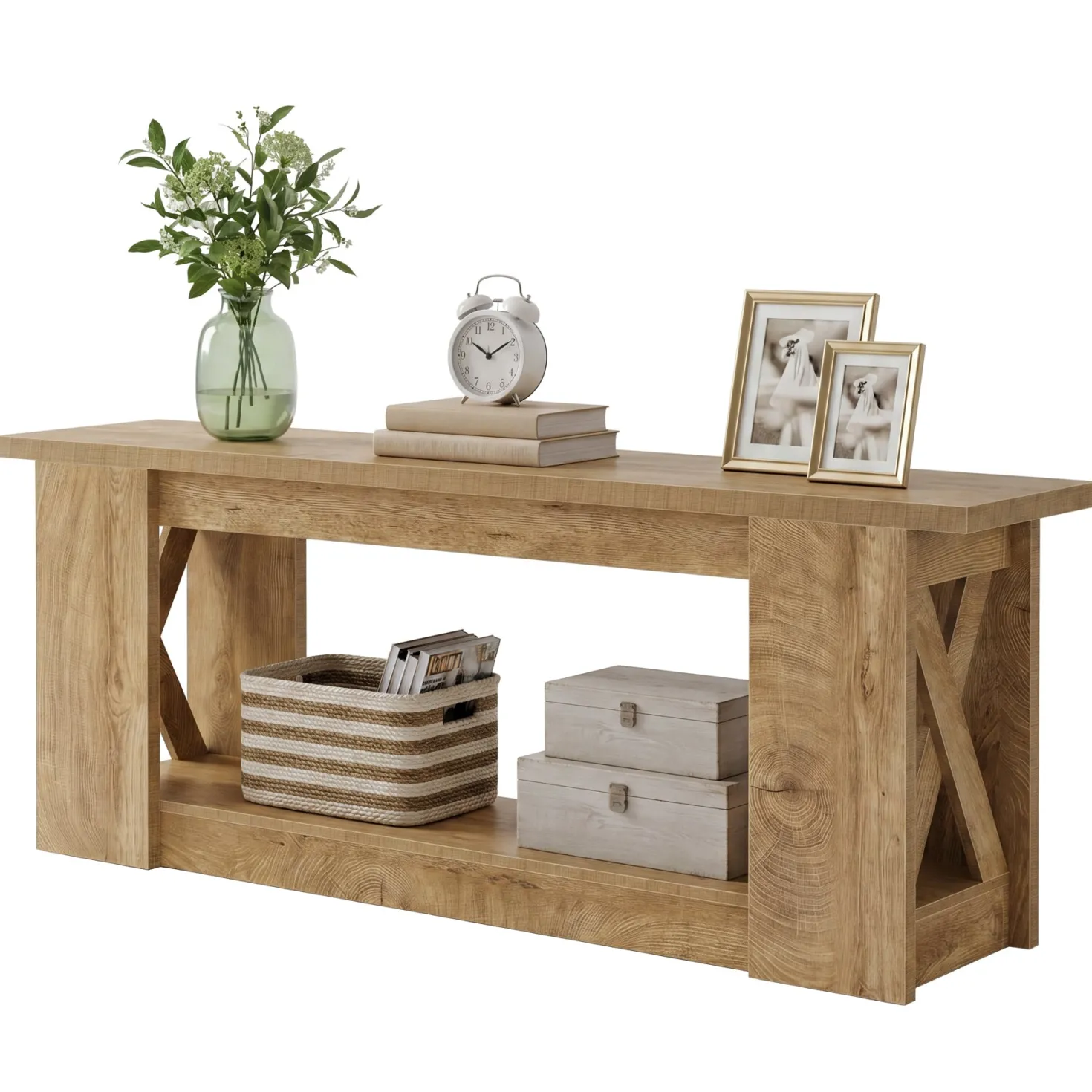 63-Inch Farmhouse TV Stand for TVs up to 70 Inches, Rustic Media Console with 2-Tier Open Storage