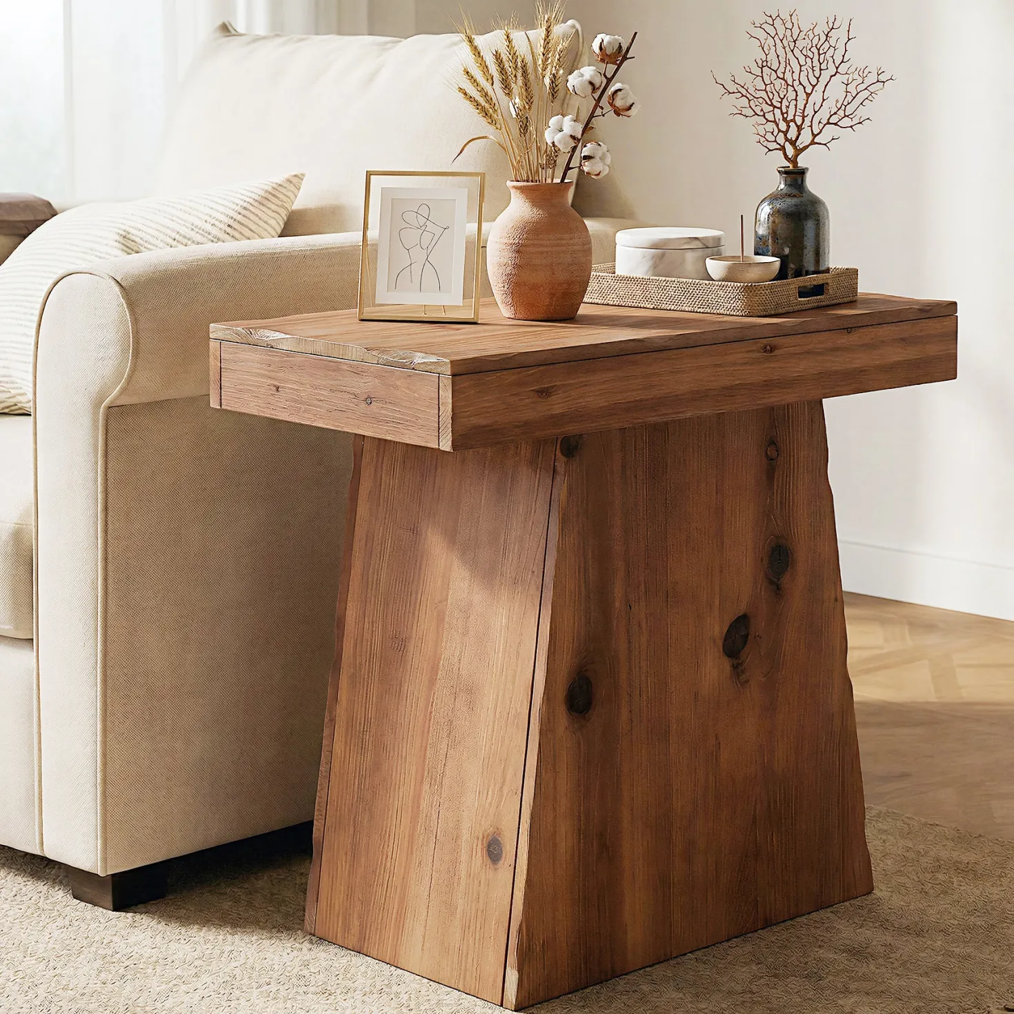 23.6-Inch Solid Wood End Table with Trapezoid Base, Small Walnut Side Taable for Living Room