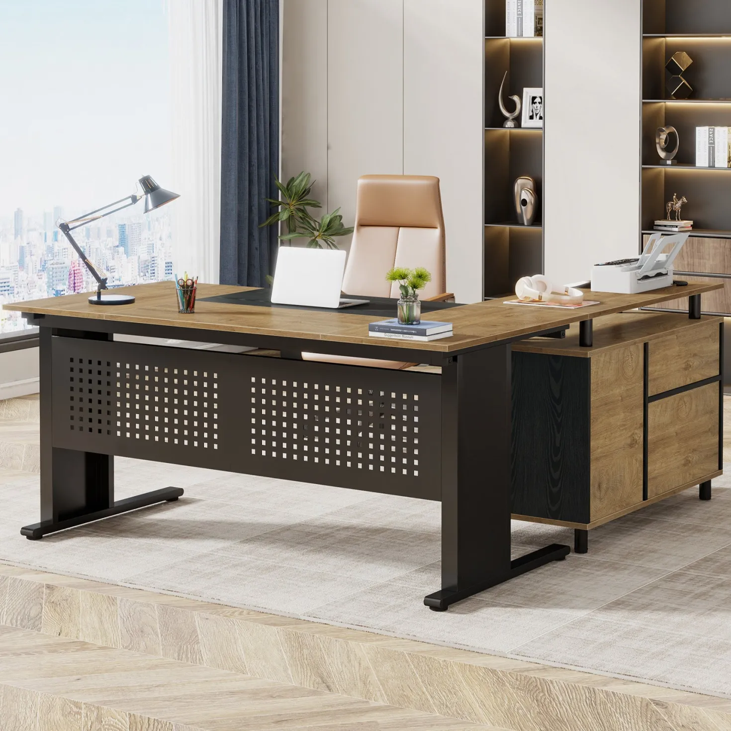 Industrial L-Shaped Desk, 63" Executive Desk with File Cabinet