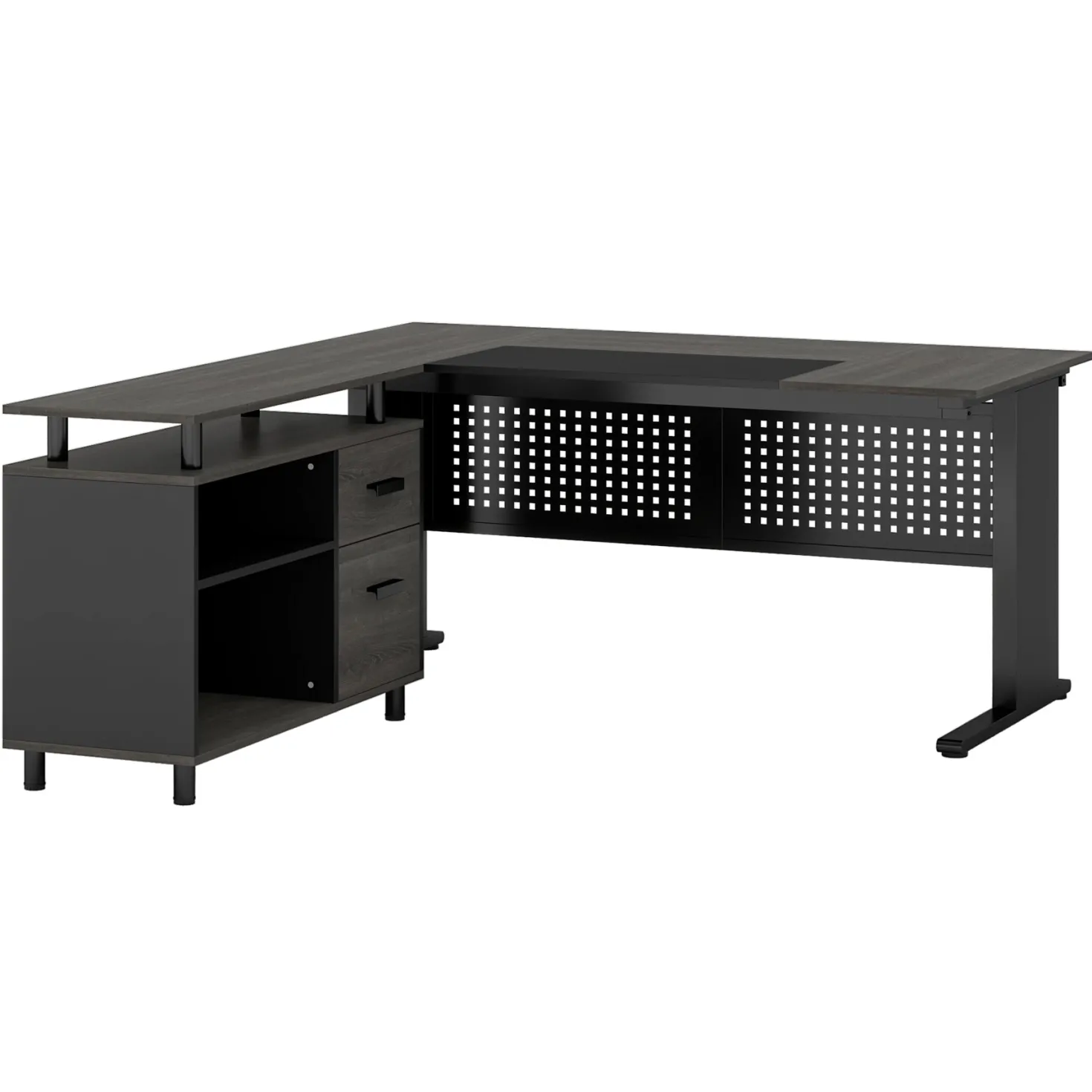 Industrial L-Shaped Desk, 63" Executive Desk with File Cabinet