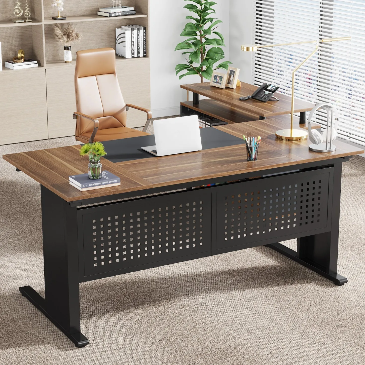 Industrial L-Shaped Desk, 63" Executive Desk with File Cabinet