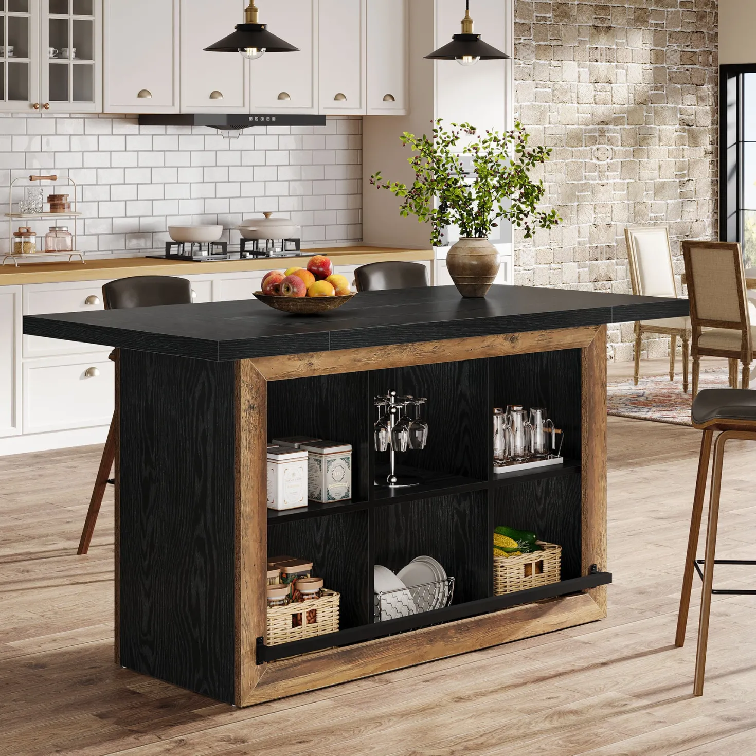 Kitchen Island, Counter Height Kitchen Coffee Bar Table with Storage