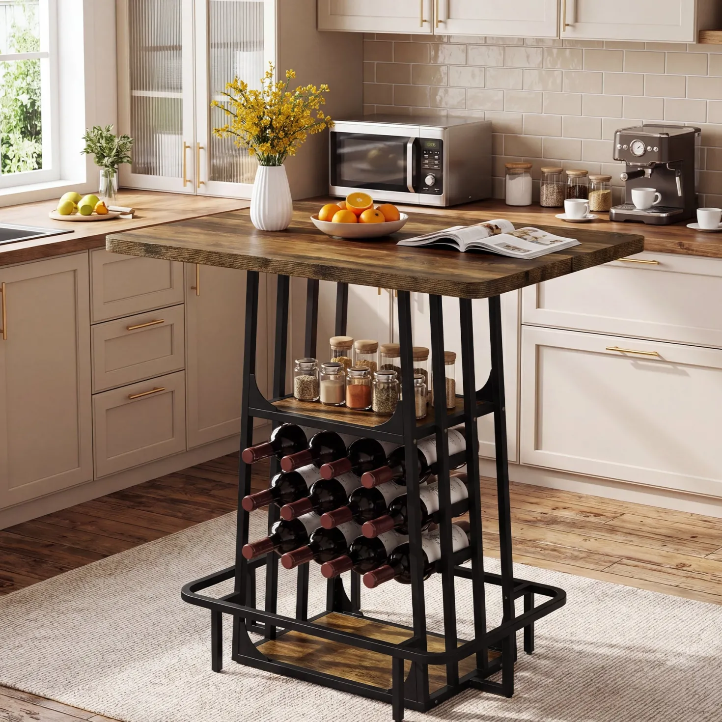 Kitchen Island with 3 Shelves, 39.4" Kitchen Shelf with Large Worktop & Glass Holder