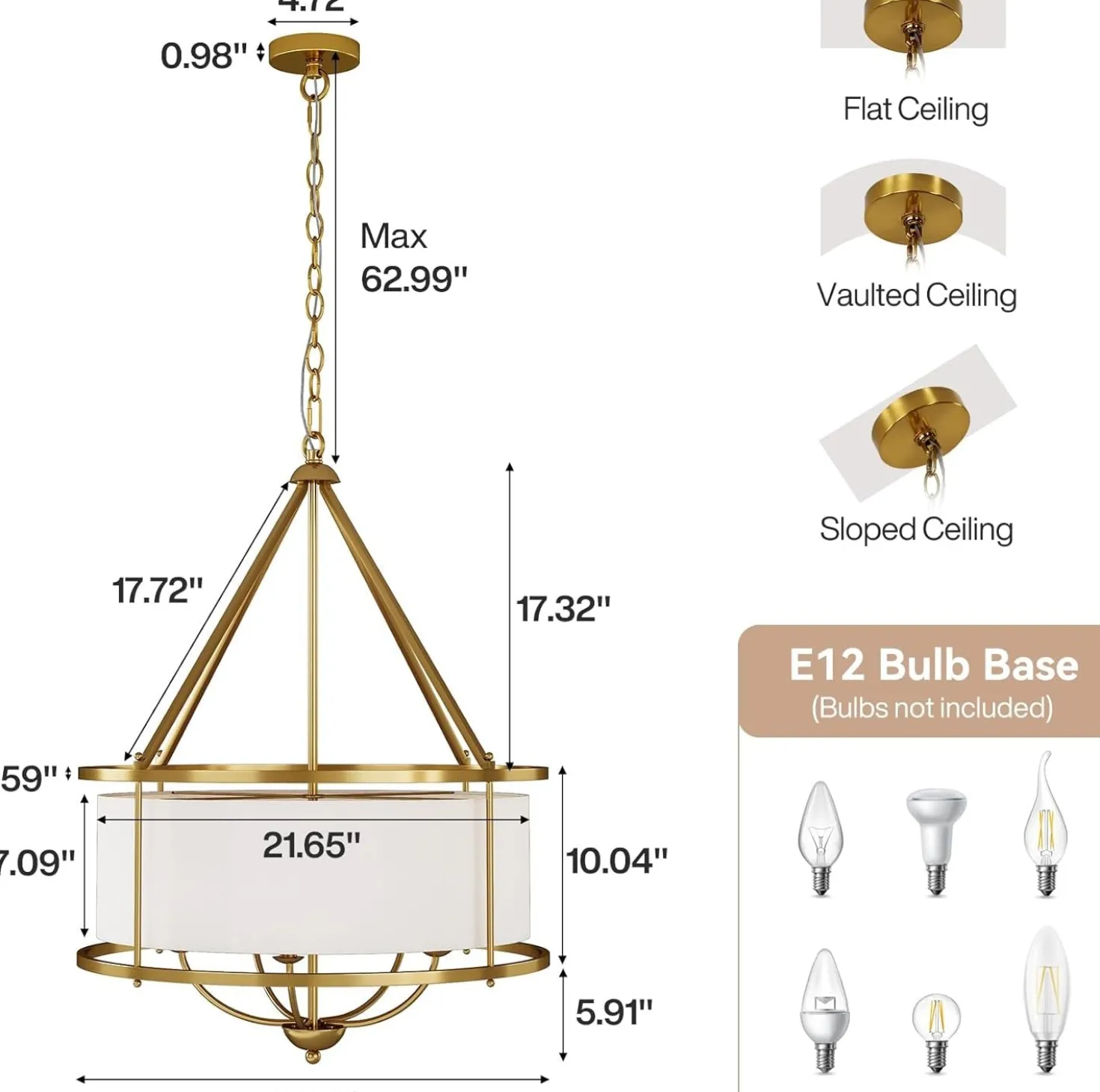 5-Light Chandelier, 24" Drum Fabric Pendant Light, Height-Adjustable