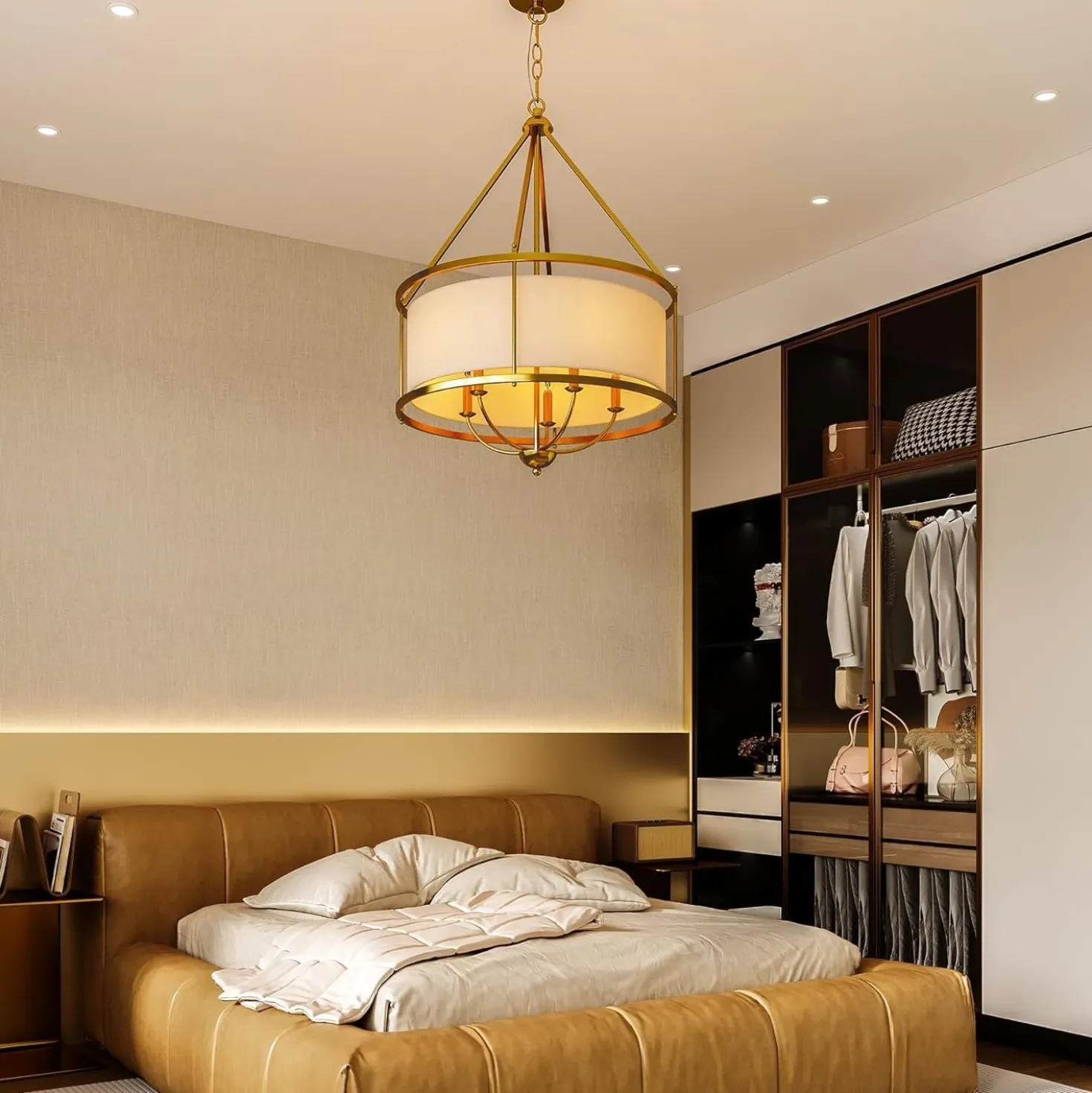 5-Light Chandelier, 24" Drum Fabric Pendant Light, Height-Adjustable