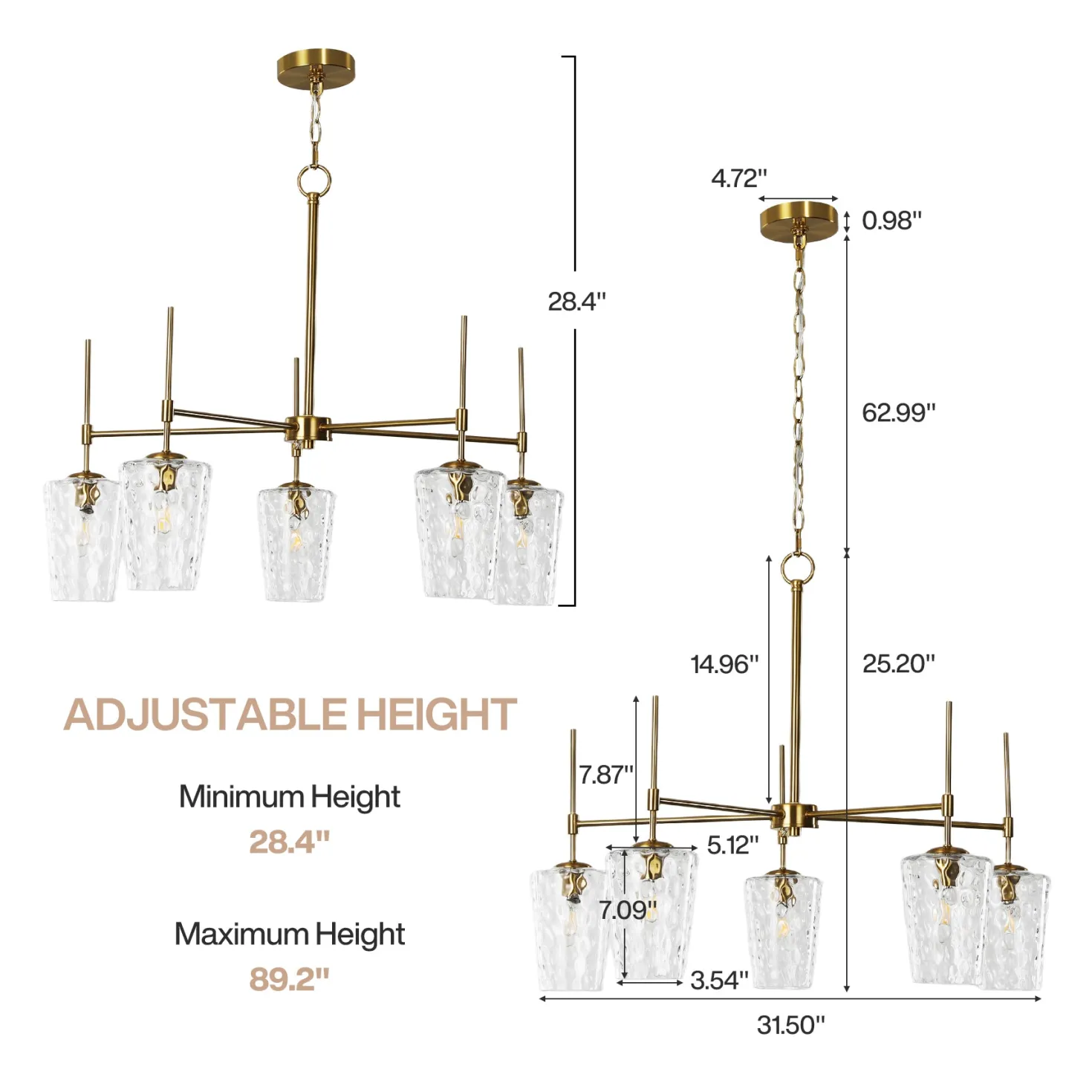 5-Light Chandelier, Modern Pendant Light with Water Ripple Wine Glass Shades