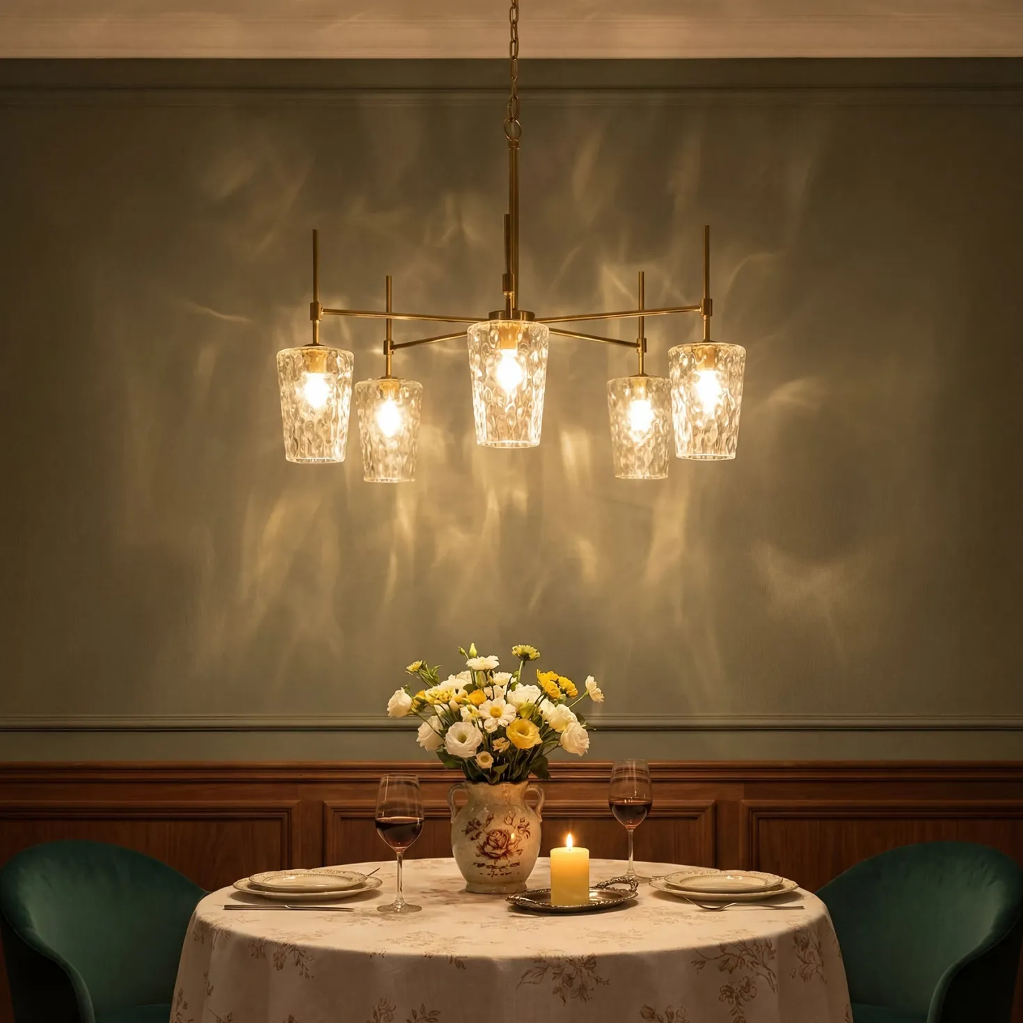 5-Light Chandelier, Modern Pendant Light with Water Ripple Wine Glass Shades