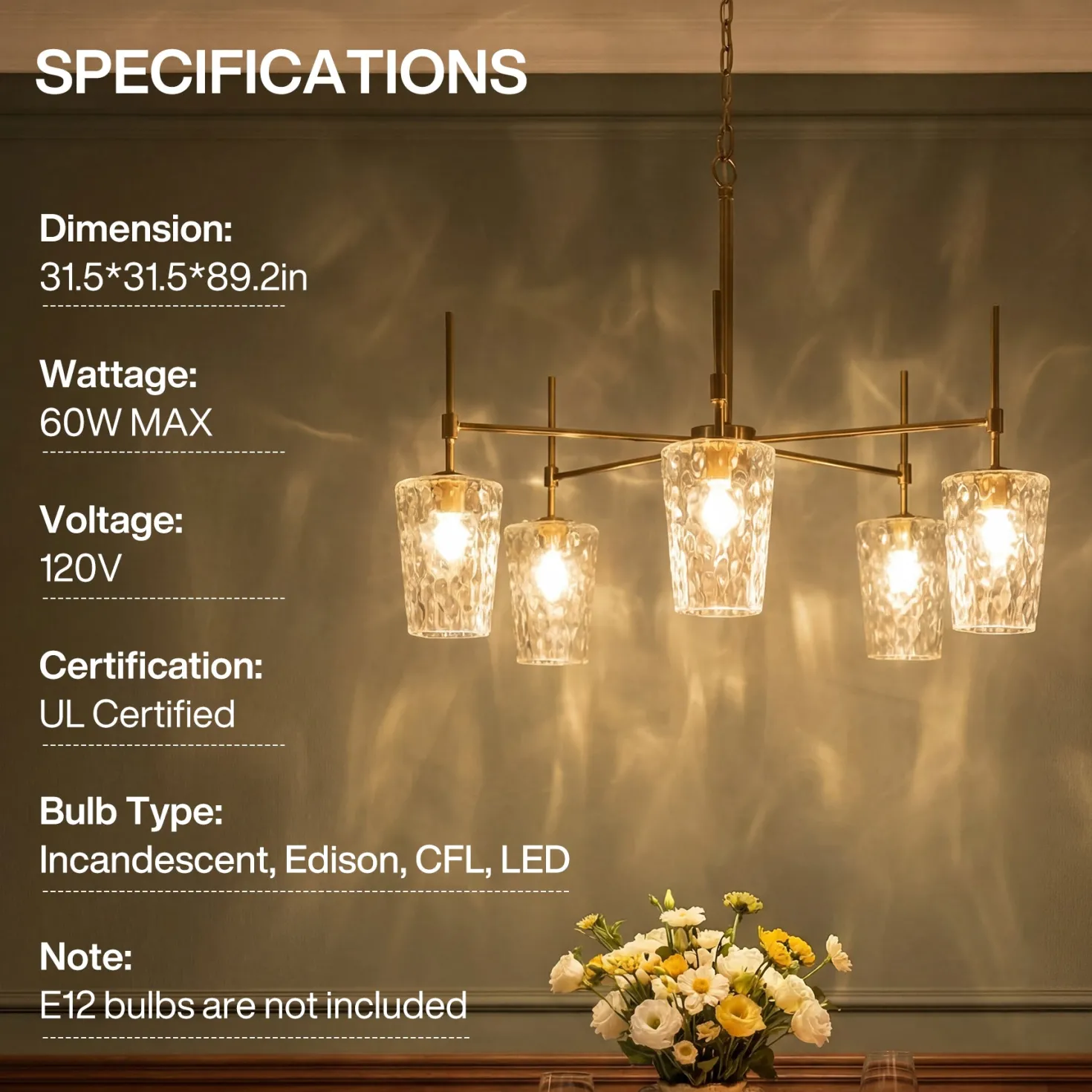 5-Light Chandelier, Modern Pendant Light with Water Ripple Wine Glass Shades