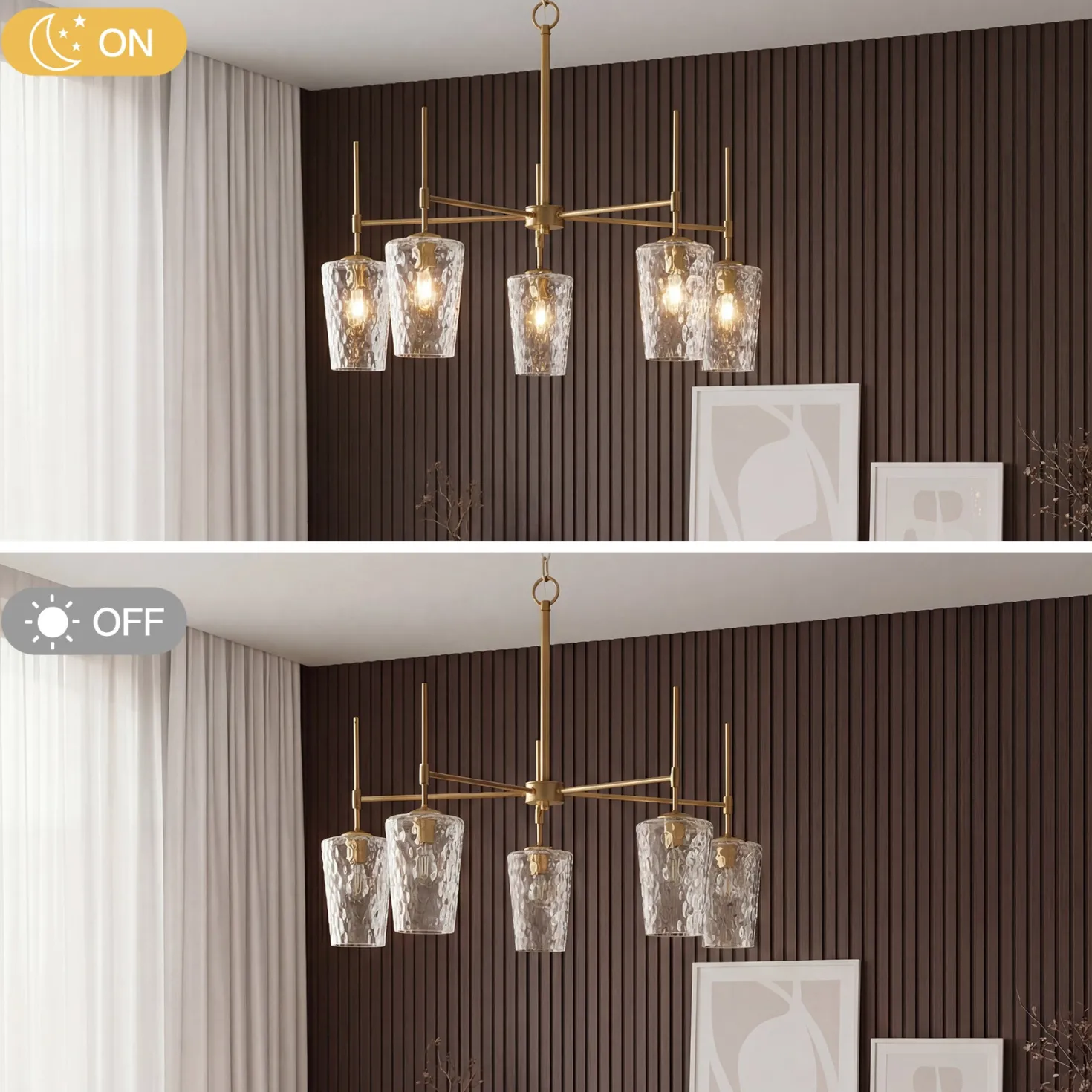 5-Light Chandelier, Modern Pendant Light with Water Ripple Wine Glass Shades
