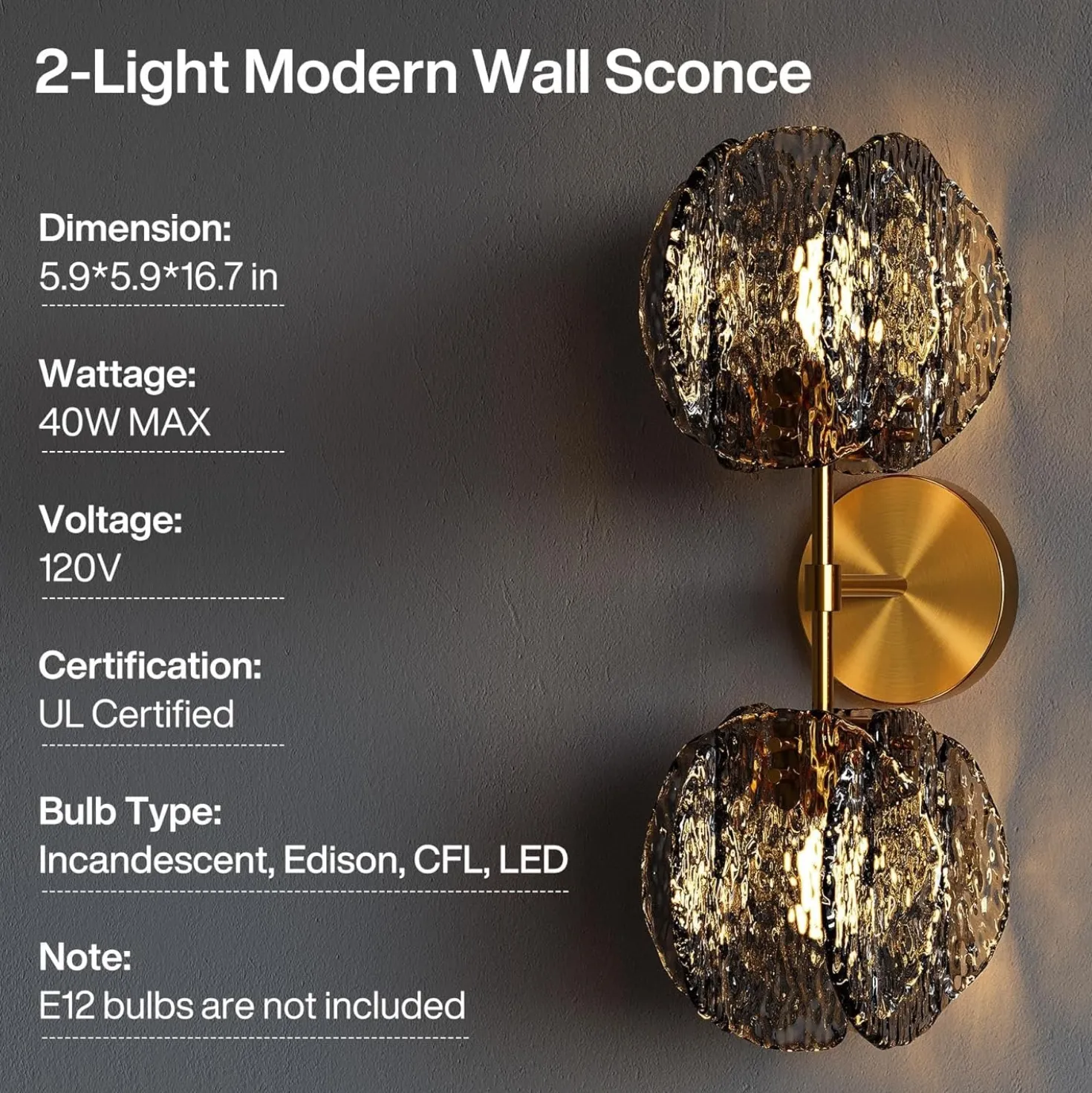 2-Light Crystal Wall Sconce,Vanity Wall Light with Textured Smoke Glass Shade