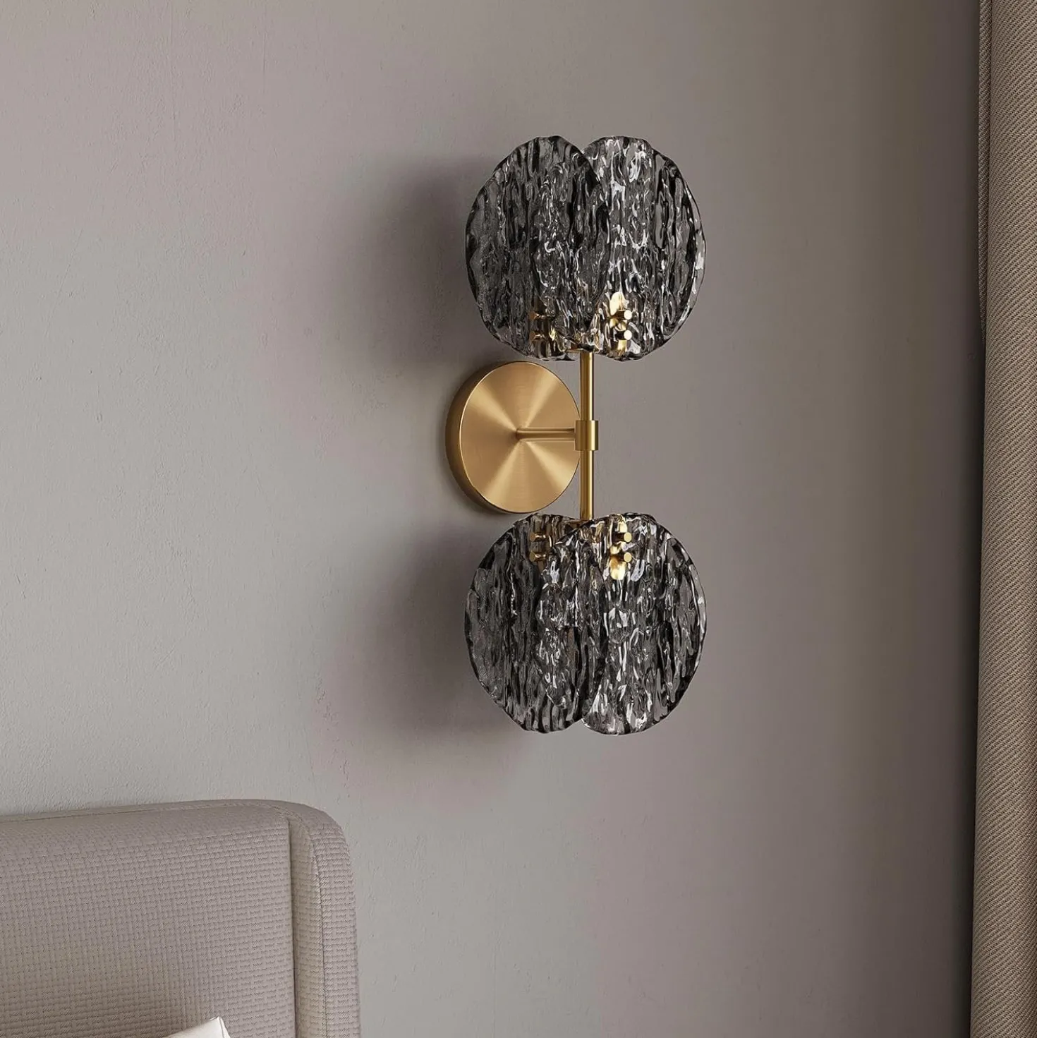 2-Light Crystal Wall Sconce,Vanity Wall Light with Textured Smoke Glass Shade