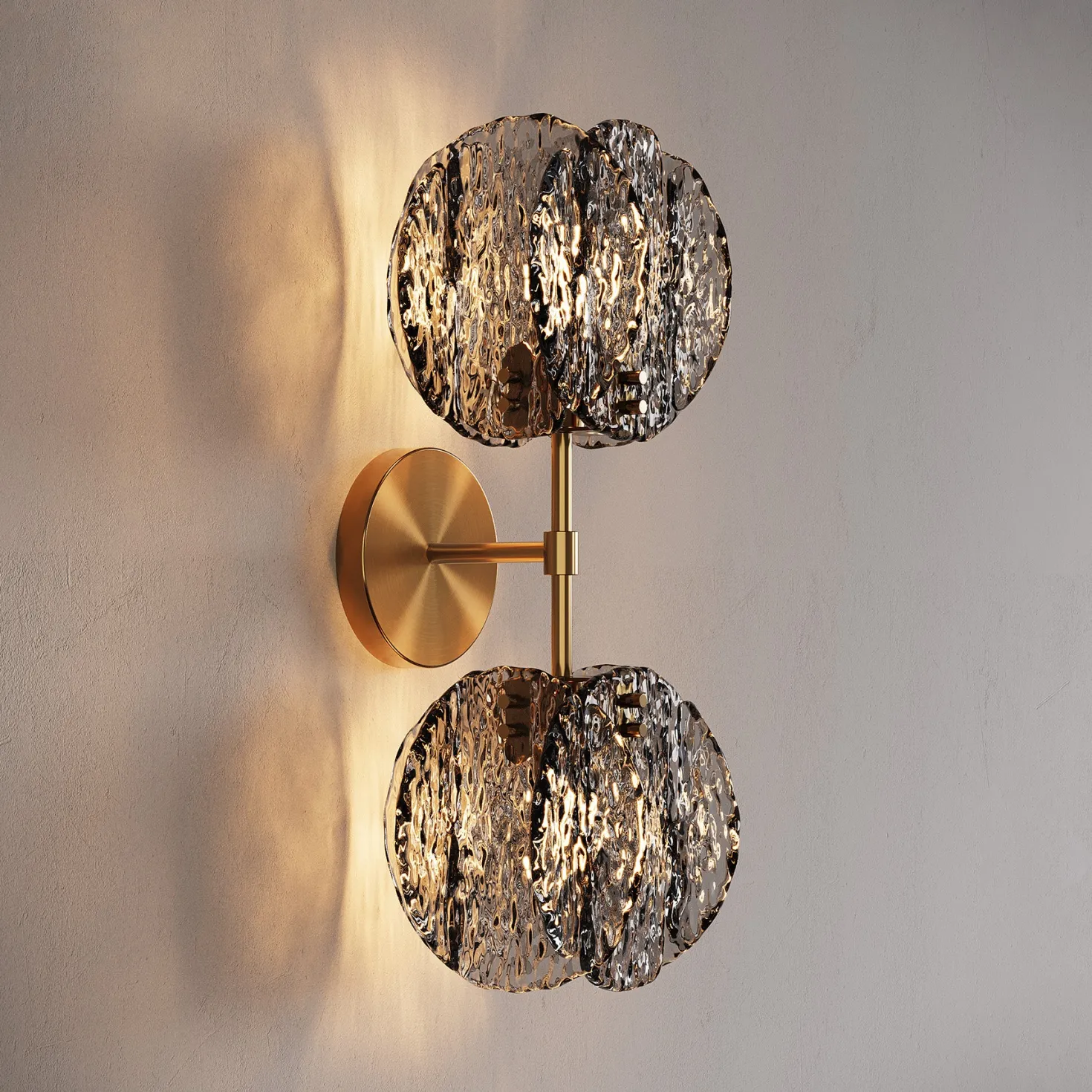 2-Light Crystal Wall Sconce,Vanity Wall Light with Textured Smoke Glass Shade