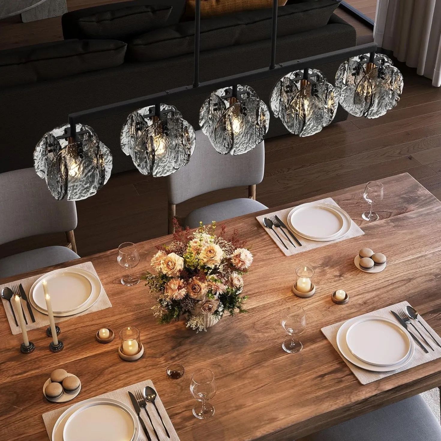 5-Light Dining Room Light Fixture, Luxury Linear Chandelier with Adjustable Height