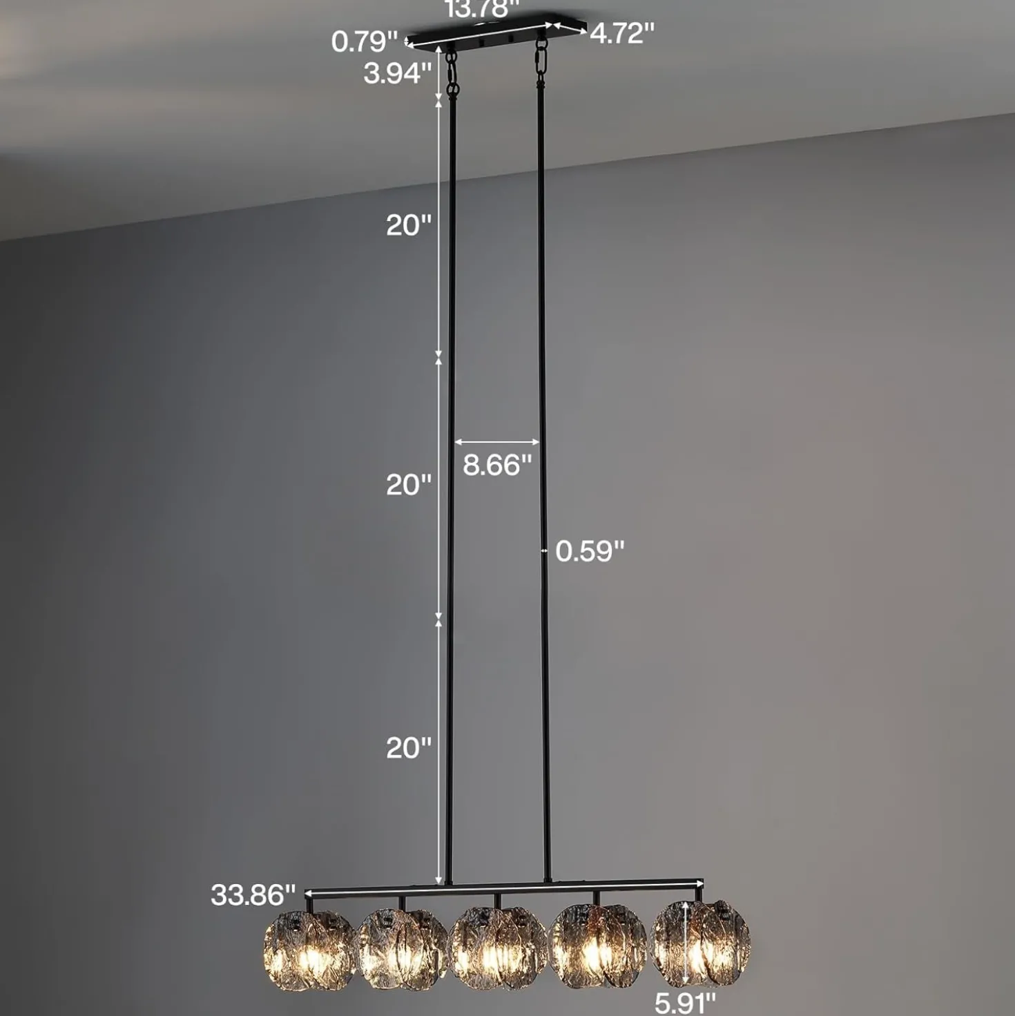 5-Light Dining Room Light Fixture, Luxury Linear Chandelier with Adjustable Height