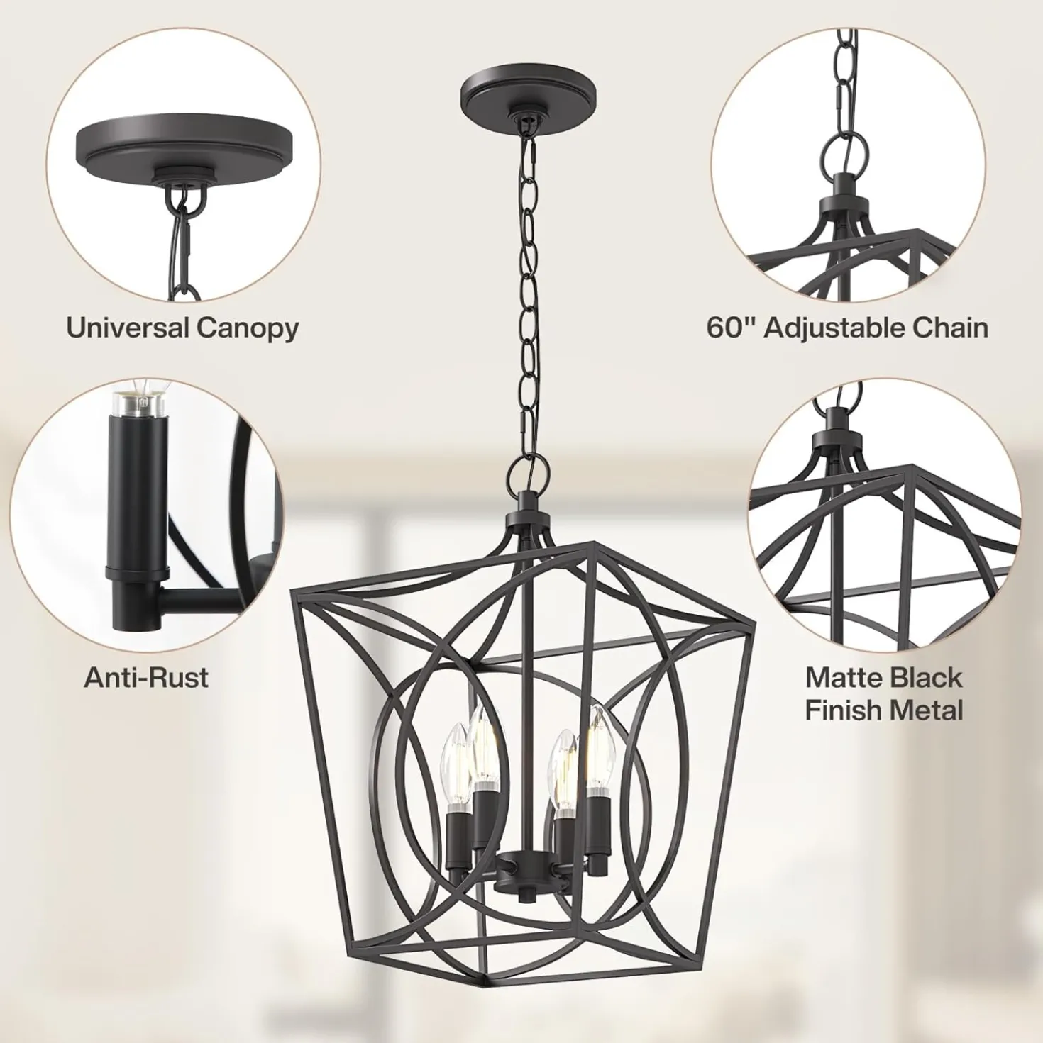 4-Light Pendant Light Fixture, Industrial Chandelier With Adjustable Chain