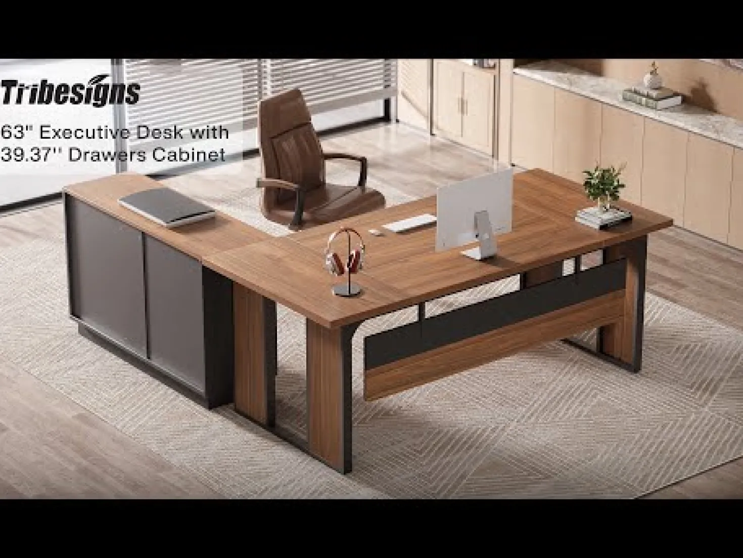 L-Shaped Executive Desk, 63" Computer Desk Workstation with File Cabinet