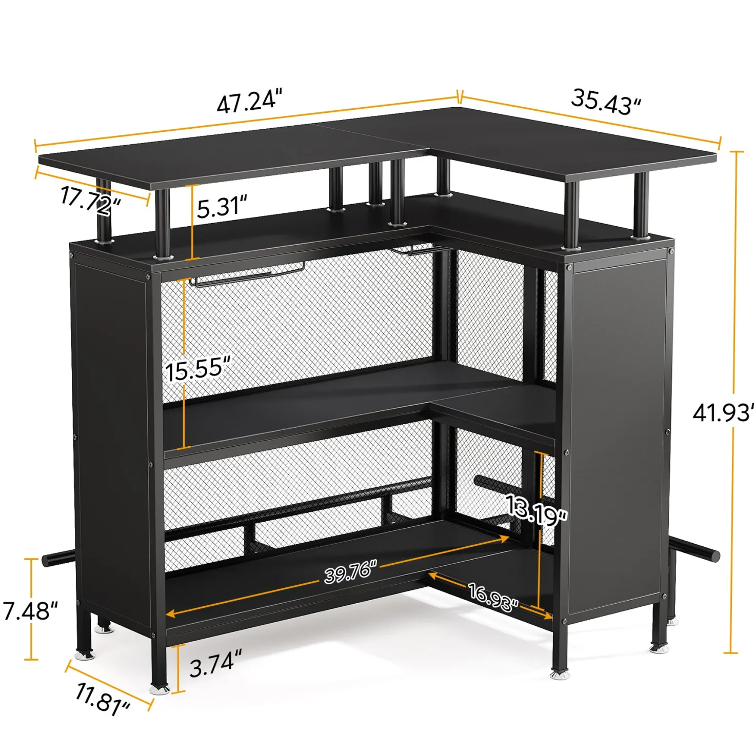 L-Shaped Home Bar Unit, Liquor Bar Table with Glasses Holders & Shelves