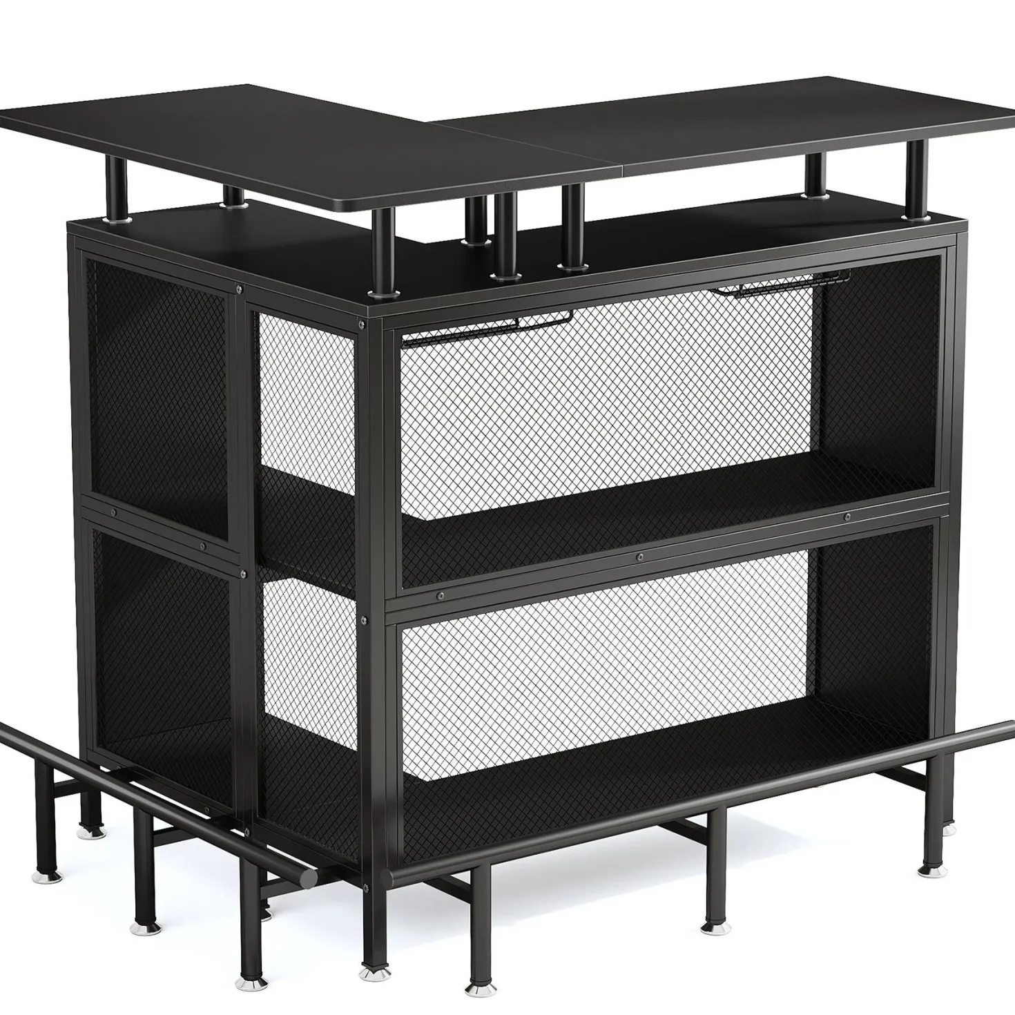 L-Shaped Home Bar Unit, Liquor Bar Table with Glasses Holders & Shelves