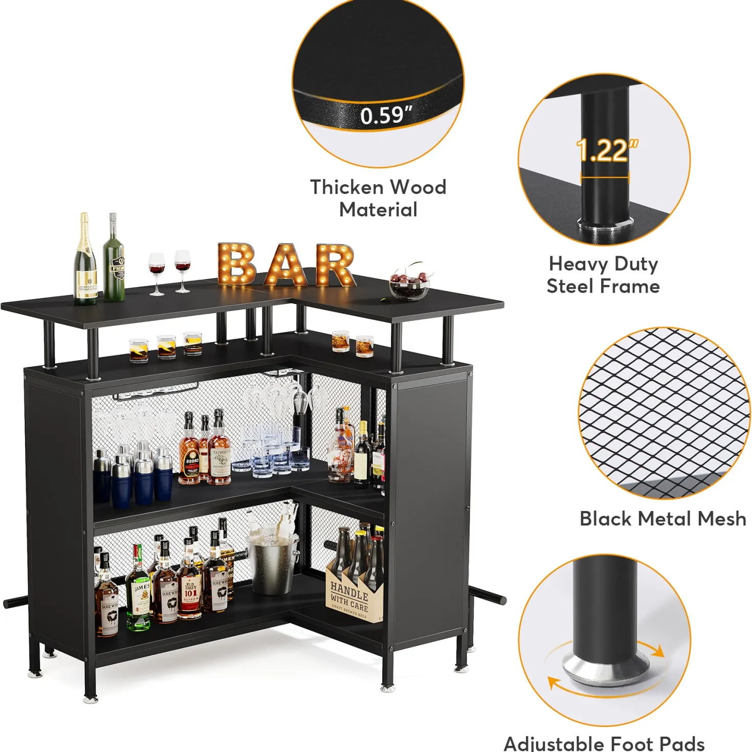 L-Shaped Home Bar Unit, Liquor Bar Table with Glasses Holders & Shelves