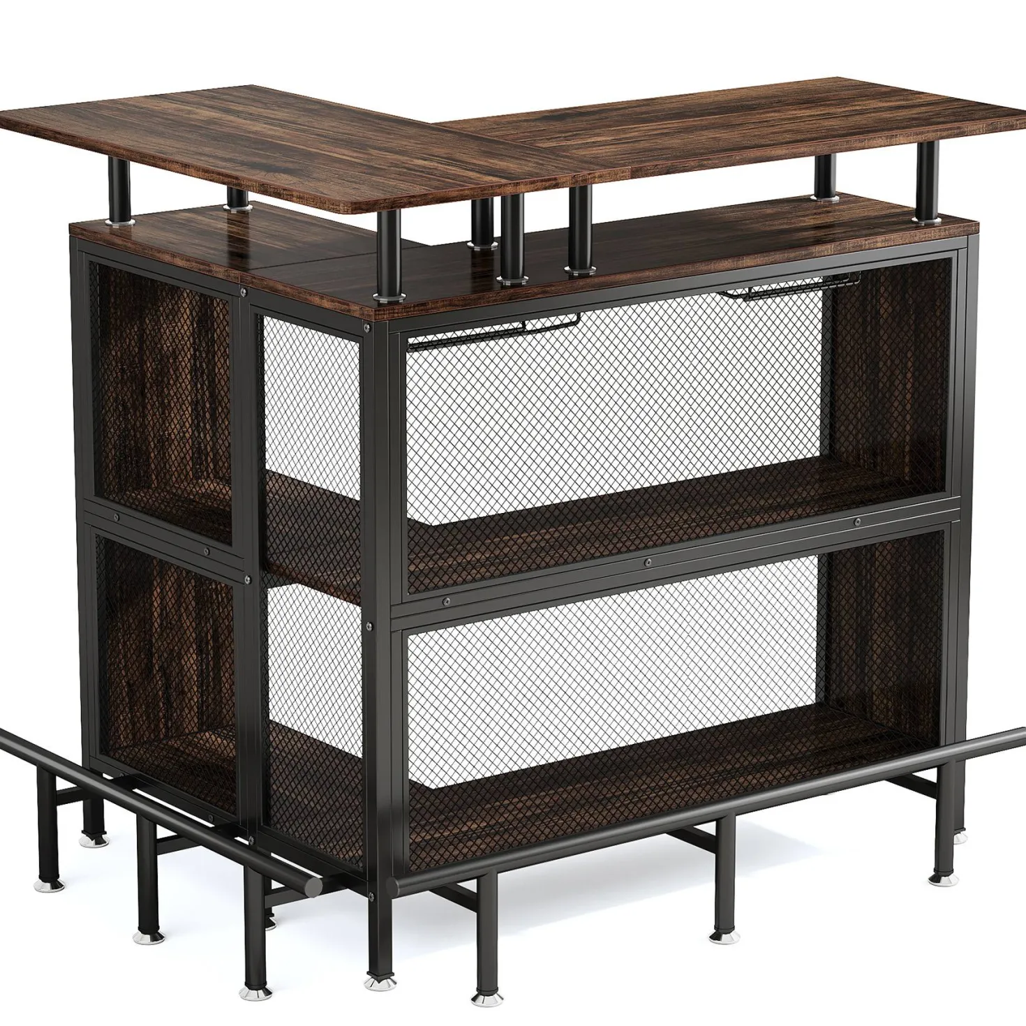 L-Shaped Home Bar Unit, Liquor Bar Table with Glasses Holders & Shelves