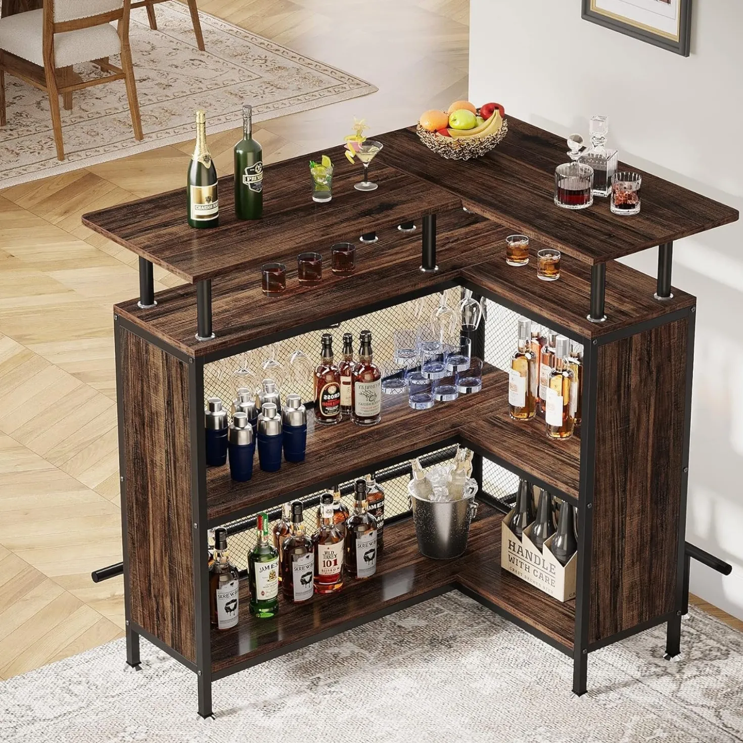 L-Shaped Home Bar Unit, Liquor Bar Table with Glasses Holders & Shelves
