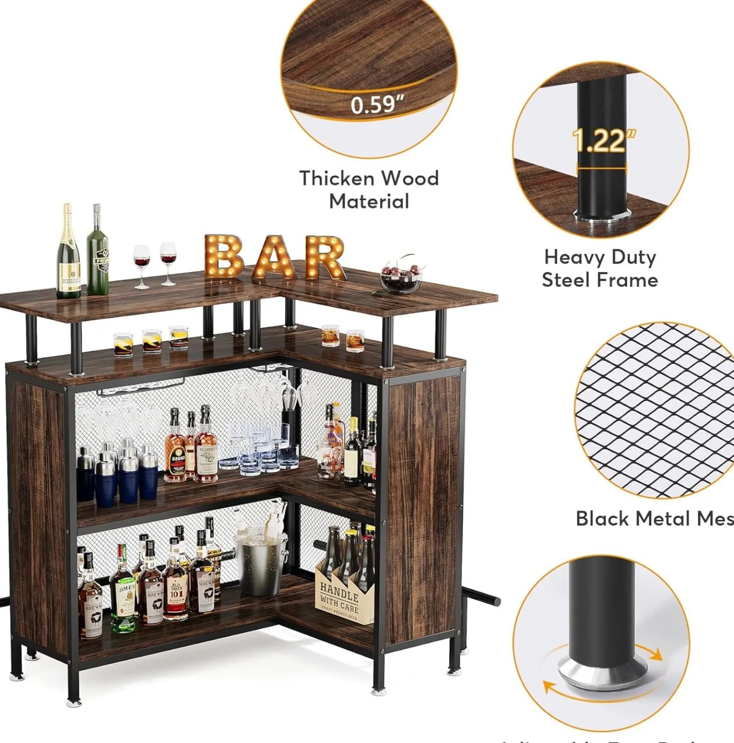 L-Shaped Home Bar Unit, Liquor Bar Table with Glasses Holders & Shelves