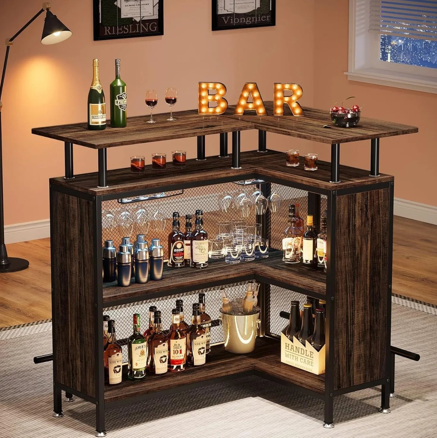 L-Shaped Home Bar Unit, Liquor Bar Table with Glasses Holders & Shelves