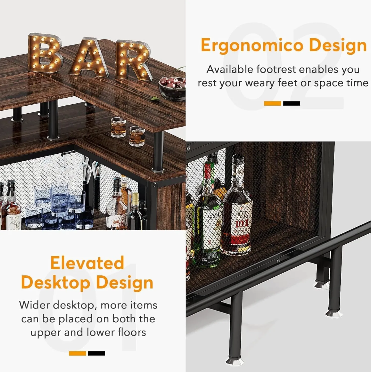 L-Shaped Home Bar Unit, Liquor Bar Table with Glasses Holders & Shelves