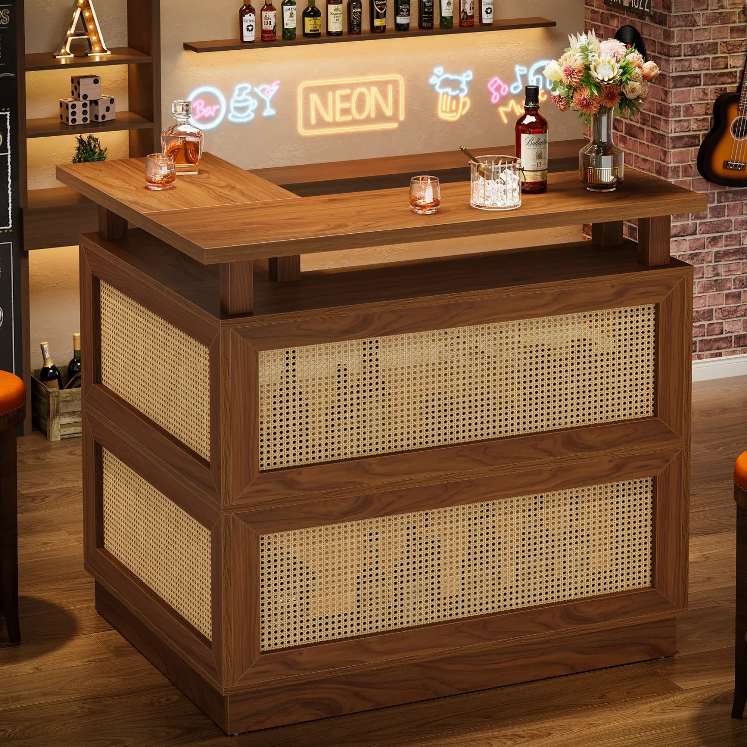 L-Shaped Home Bar Unit, Rattan Bar Table Liquor Cabinet with 4-Tier Storage Shelf