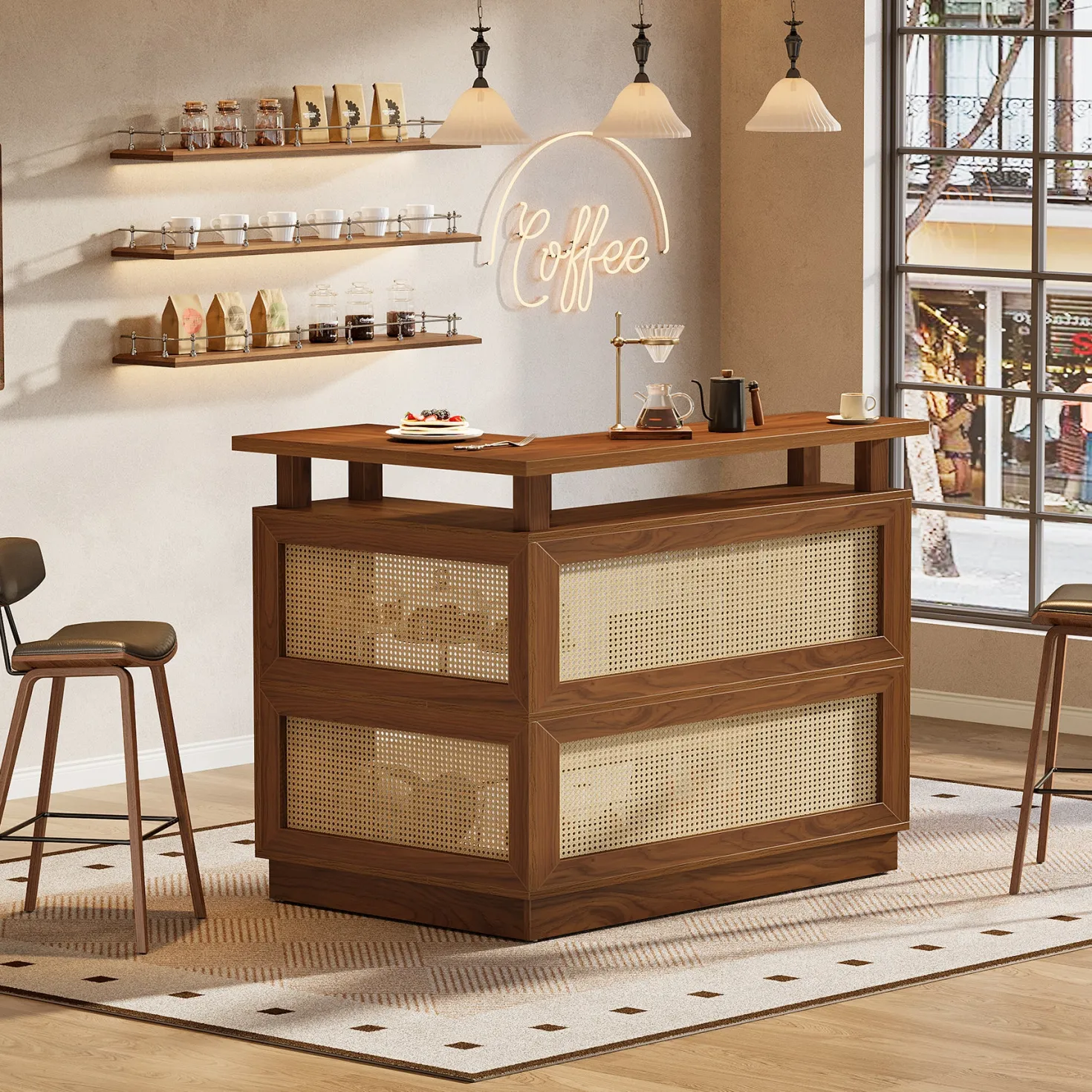 L-Shaped Home Bar Unit, Rattan Bar Table Liquor Cabinet with 4-Tier Storage Shelf
