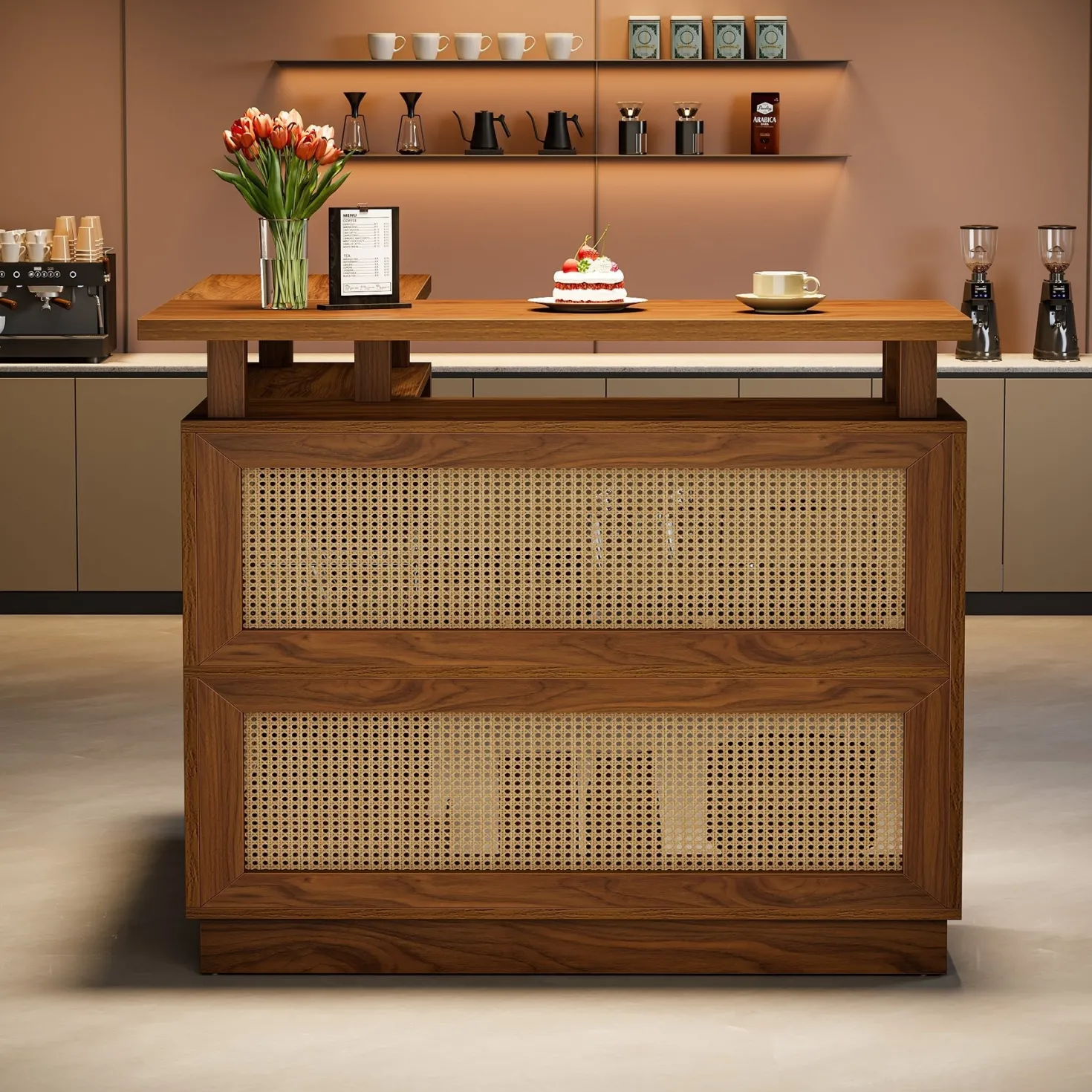 L-Shaped Home Bar Unit, Rattan Bar Table Liquor Cabinet with 4-Tier Storage Shelf