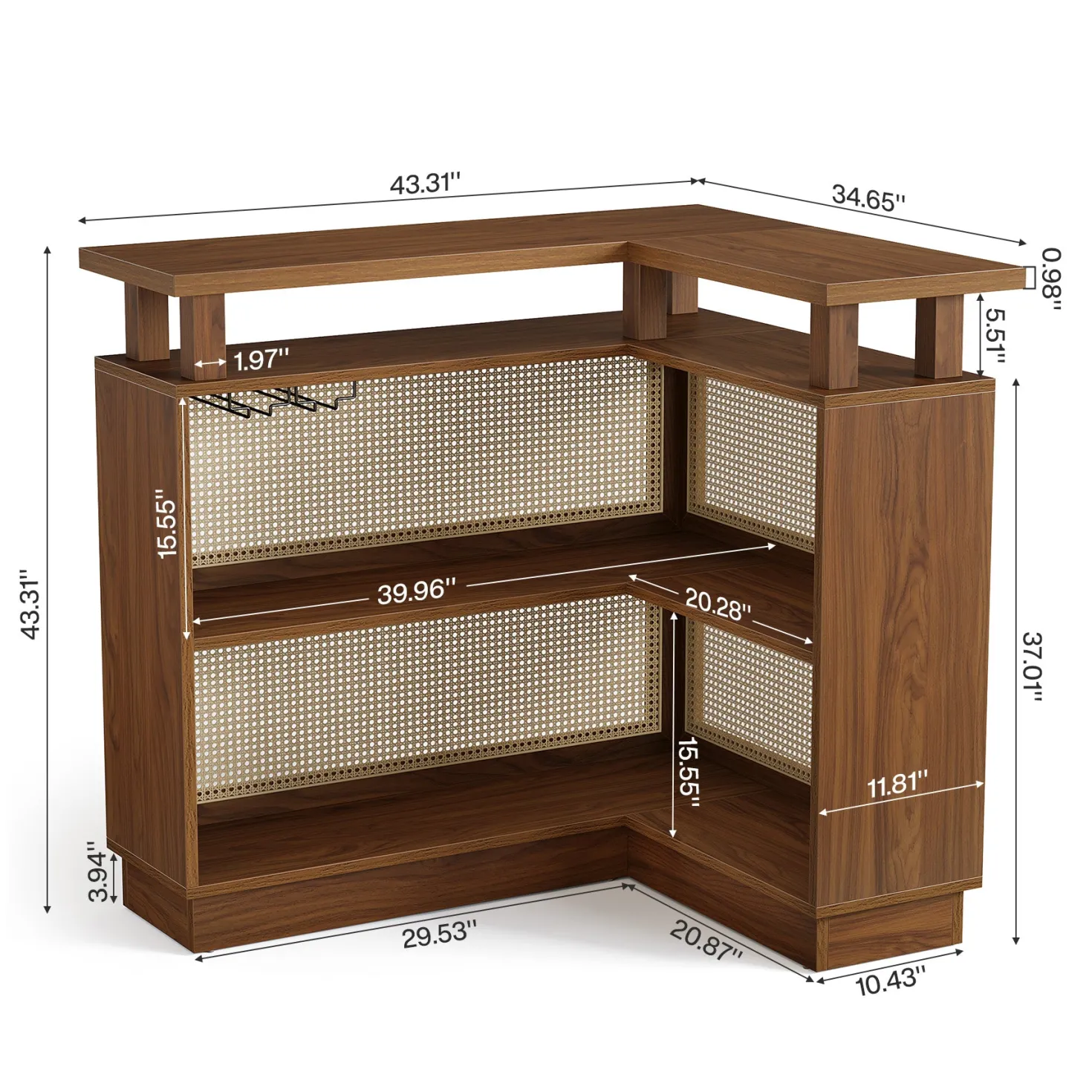 L-Shaped Home Bar Unit, Rattan Bar Table Liquor Cabinet with 4-Tier Storage Shelf