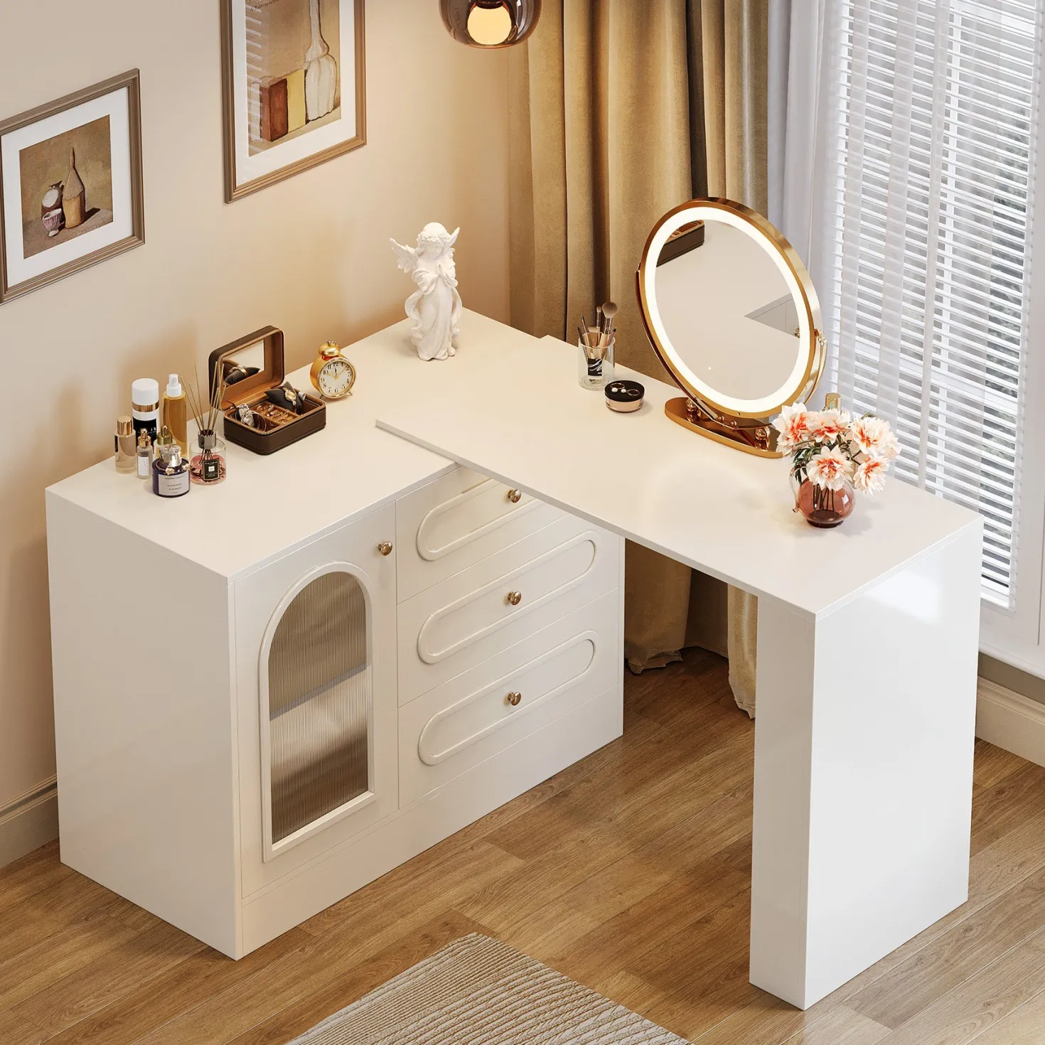 Makeup Desk, 360° Rotatable Vanity Desk with 3 Drawers(Without Mirror)