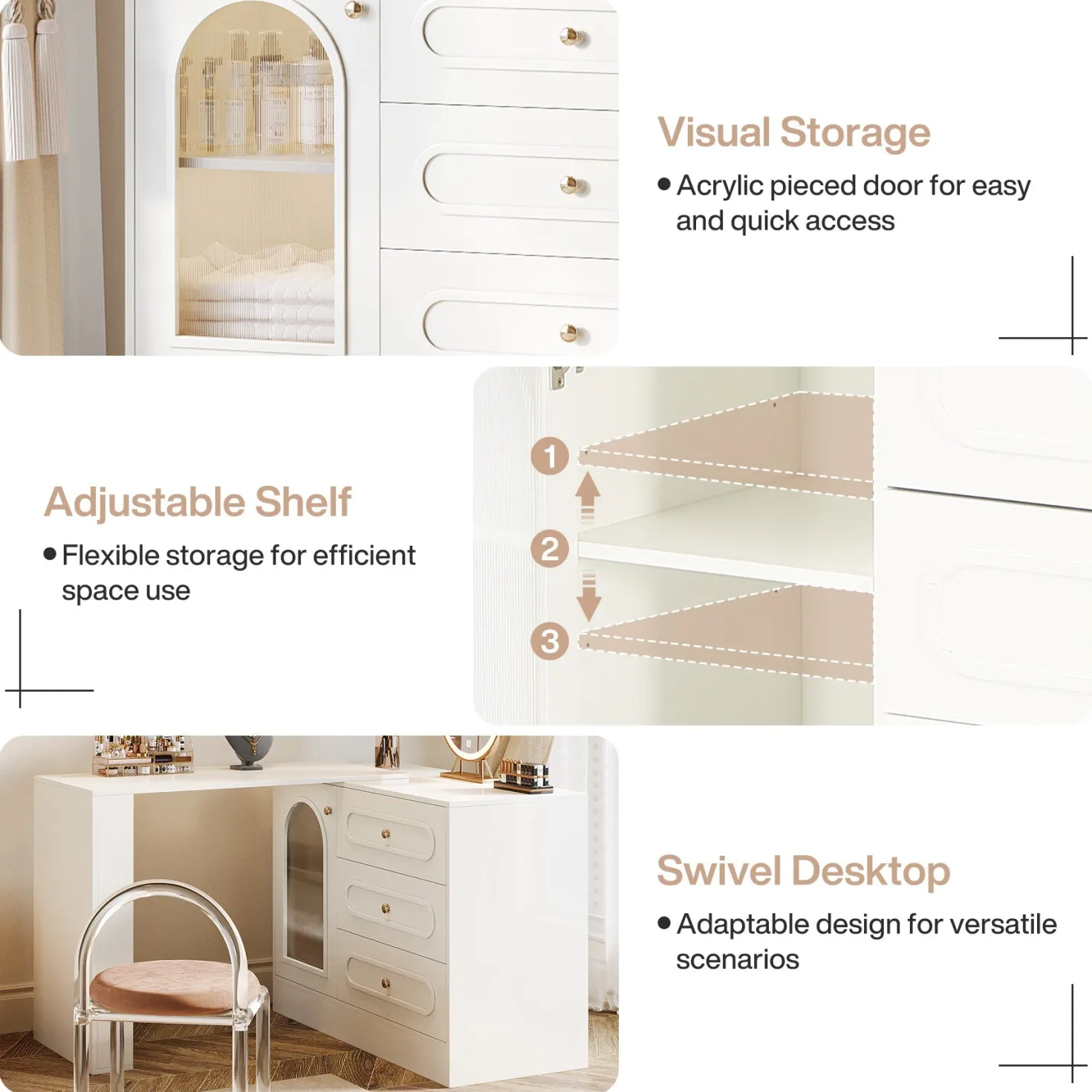 Makeup Desk, 360° Rotatable Vanity Desk with 3 Drawers(Without Mirror)