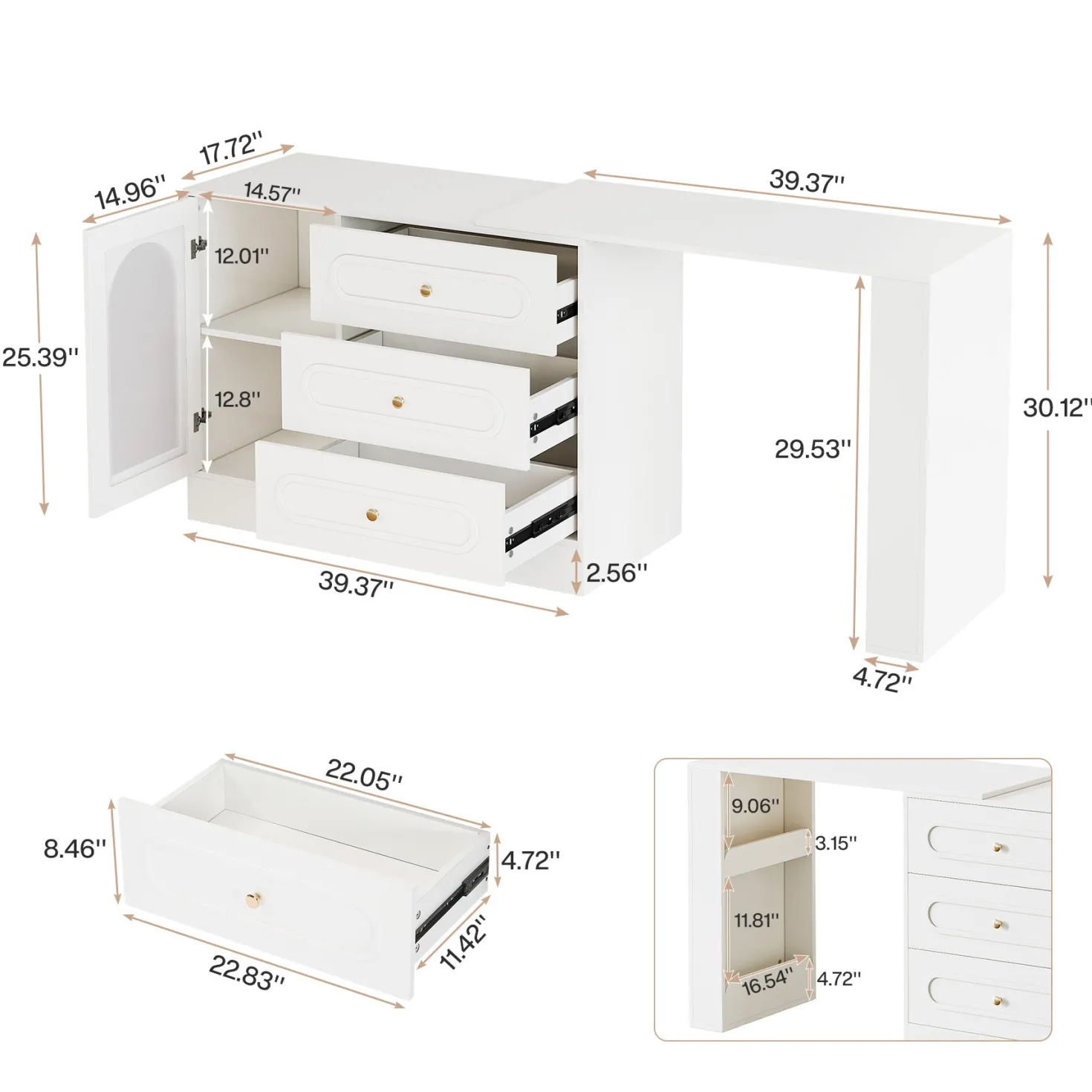 Makeup Desk, 360° Rotatable Vanity Desk with 3 Drawers(Without Mirror)