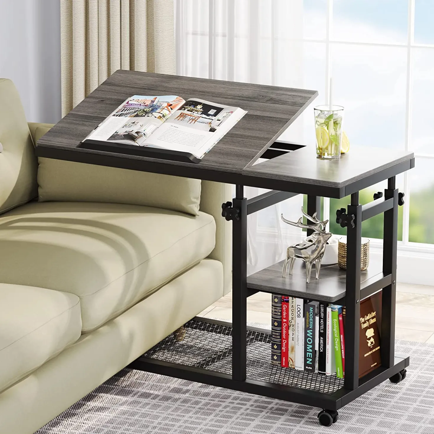 Mobile C Table, Height Adjustable Snack Tray Table with Wheels