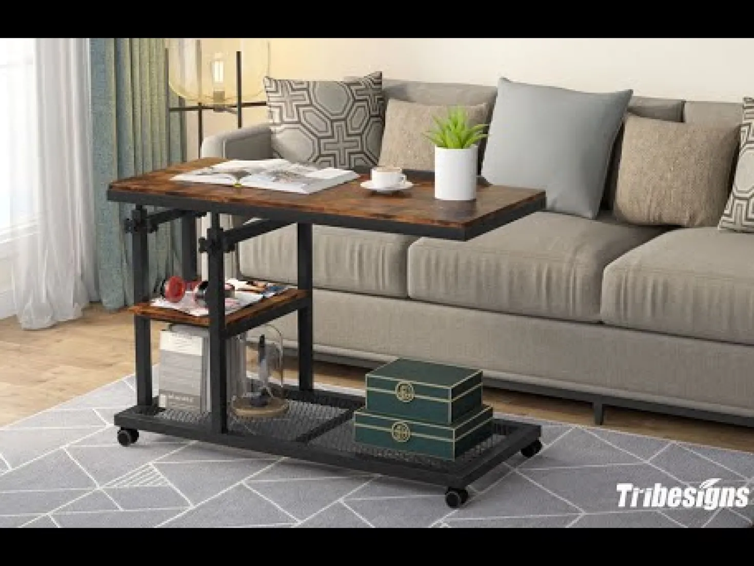 Mobile C Table, Height Adjustable Snack Tray Table with Wheels