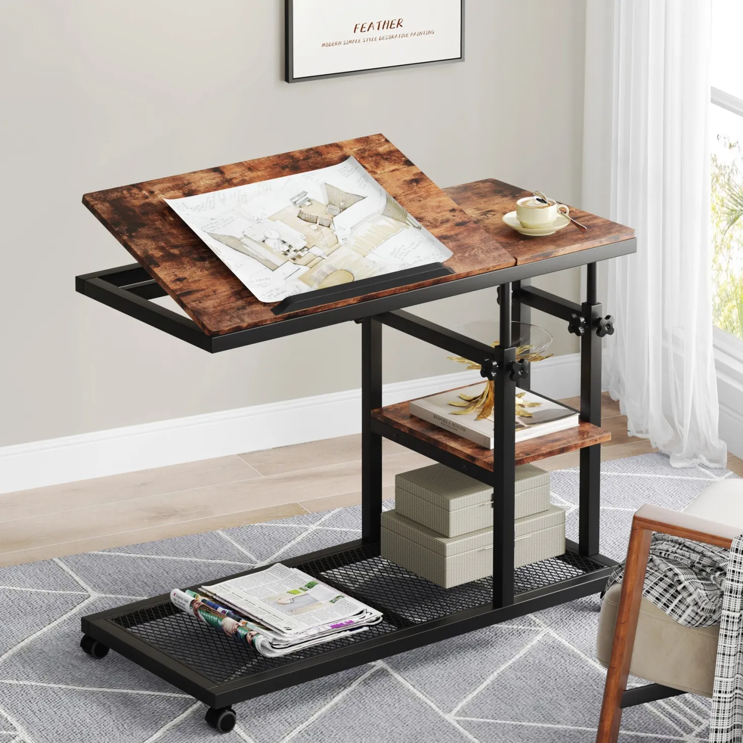 Mobile C Table, Height Adjustable Snack Tray Table with Wheels