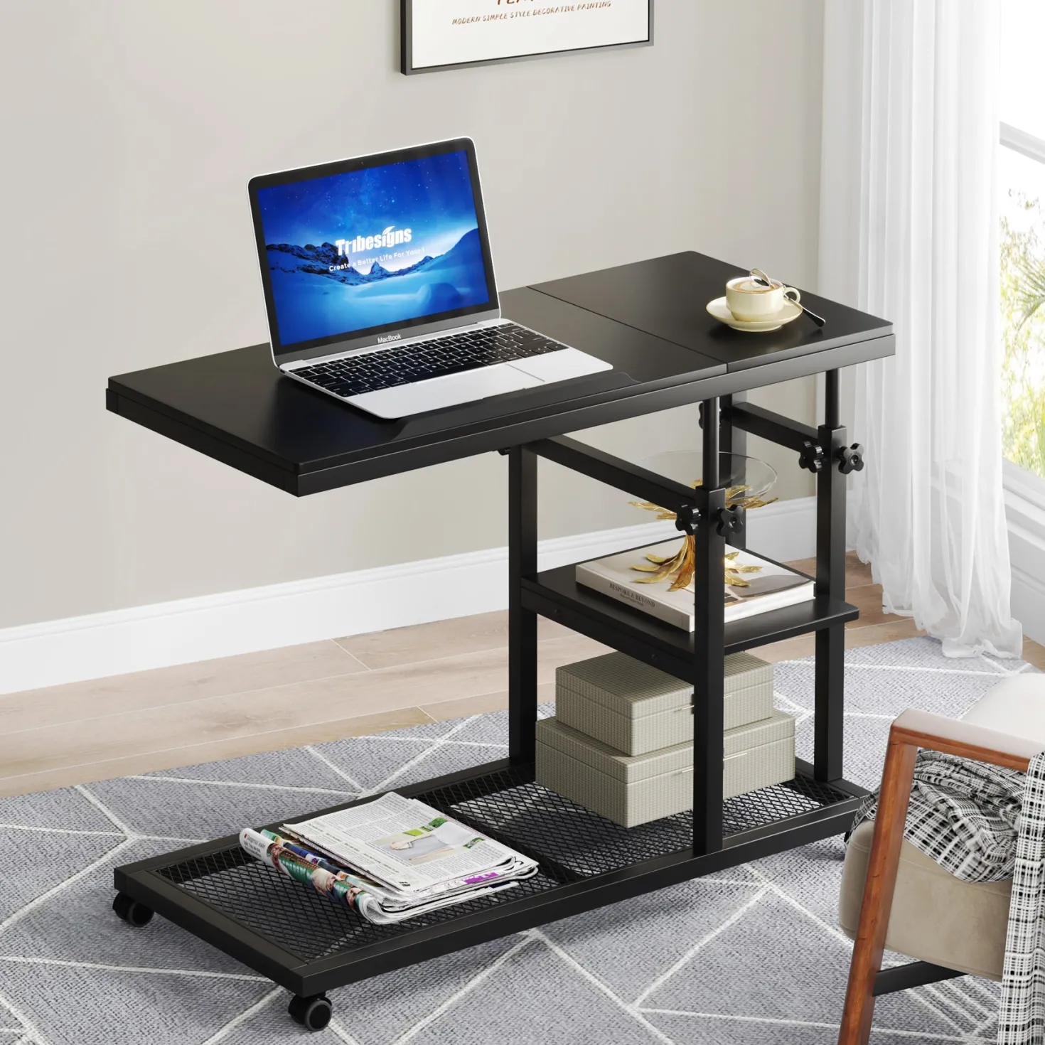Mobile C Table, Height Adjustable Snack Tray Table with Wheels