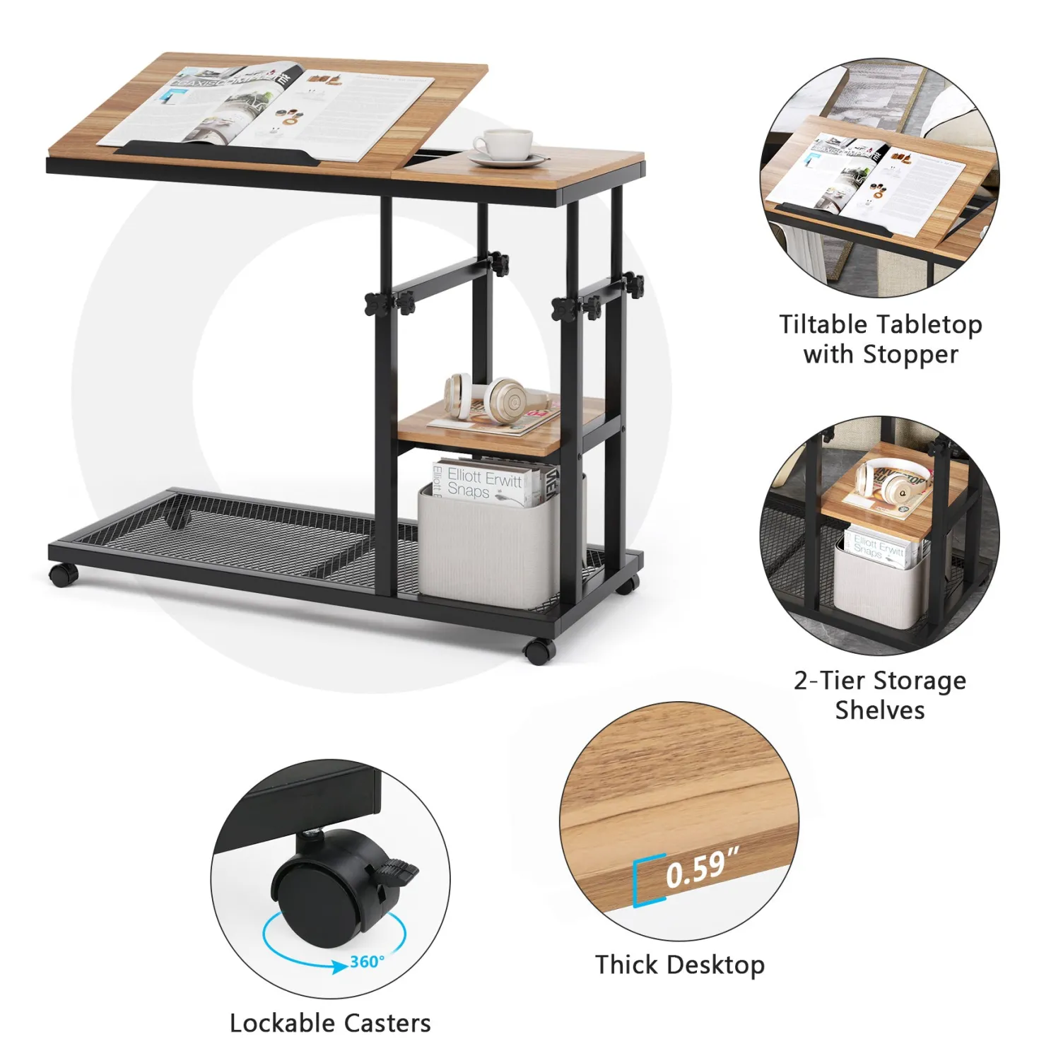 Mobile C Table, Height Adjustable Snack Tray Table with Wheels